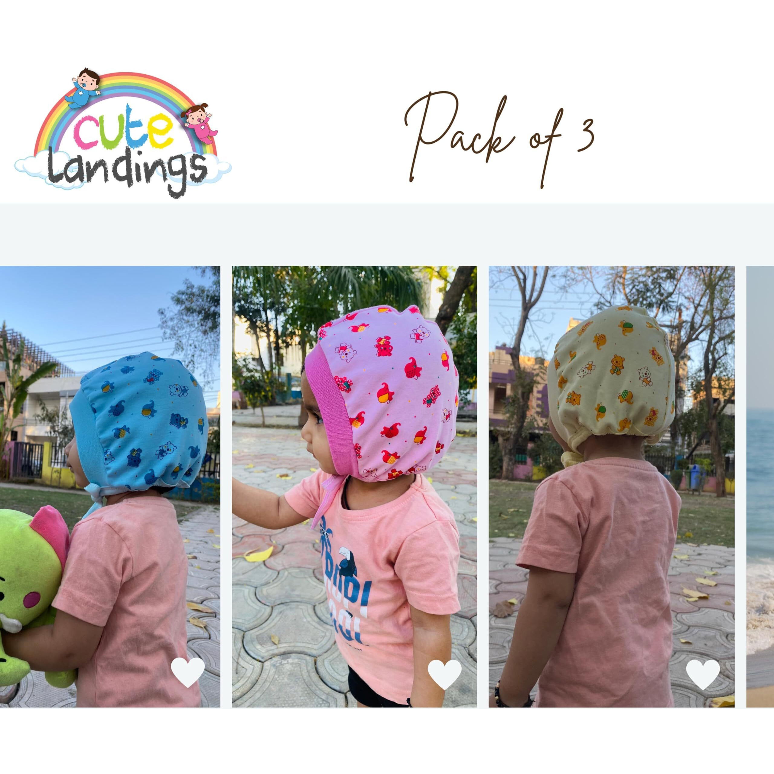CUTE LANDINGS 0-3/3-6/6-9/9-12/12-18 & 18-24 Months New Born Baby Girls & Boys Finest Hosiery Cotton Double Layer Knot Caps Set/Infant/Hat/Toppi/Kan Topi/Clothes (Pack of 3) Multicolour