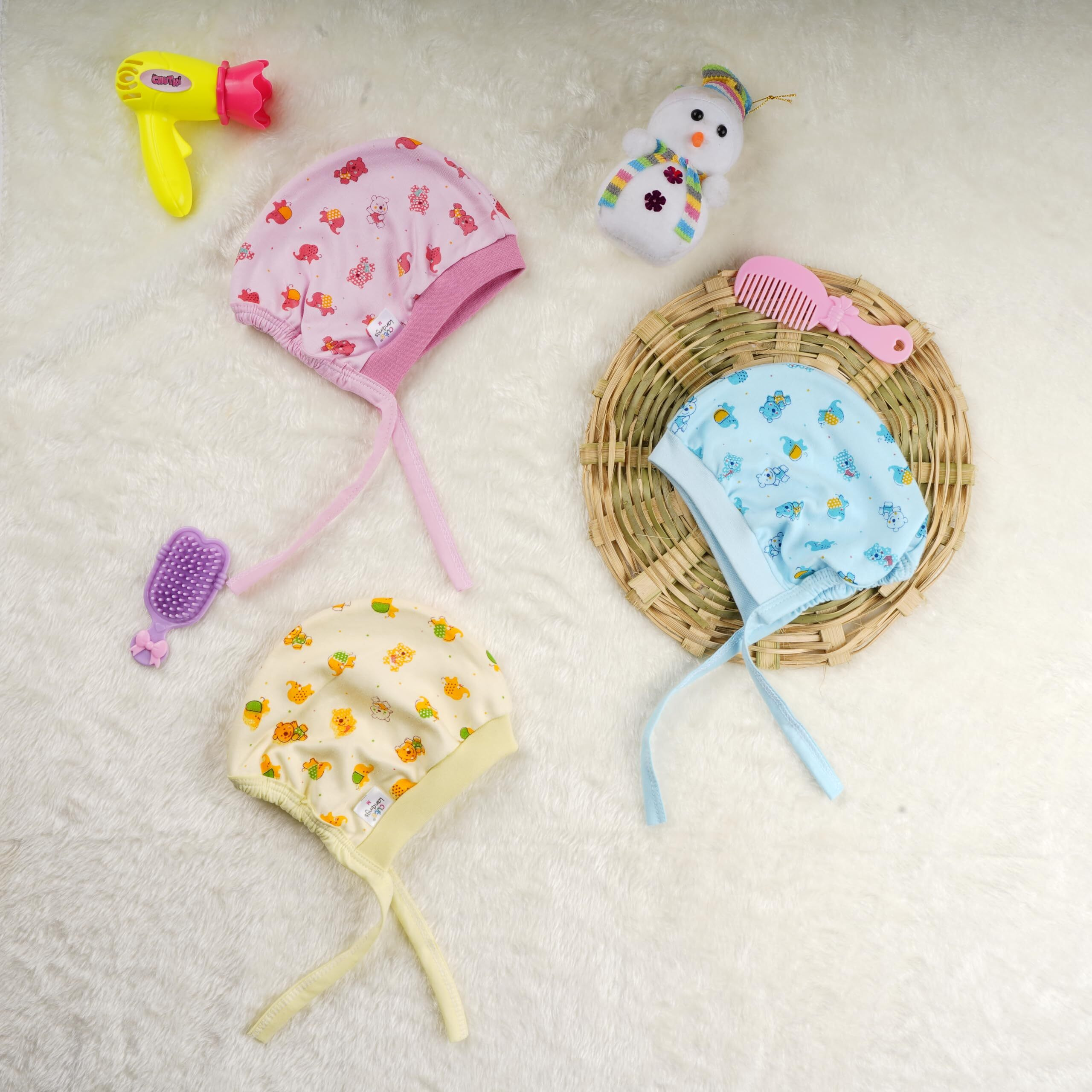 CUTE LANDINGS 0-3/3-6/6-9/9-12/12-18 & 18-24 Months New Born Baby Girls & Boys Finest Hosiery Cotton Double Layer Knot Caps Set/Infant/Hat/Toppi/Kan Topi/Clothes (Pack of 3) Multicolour