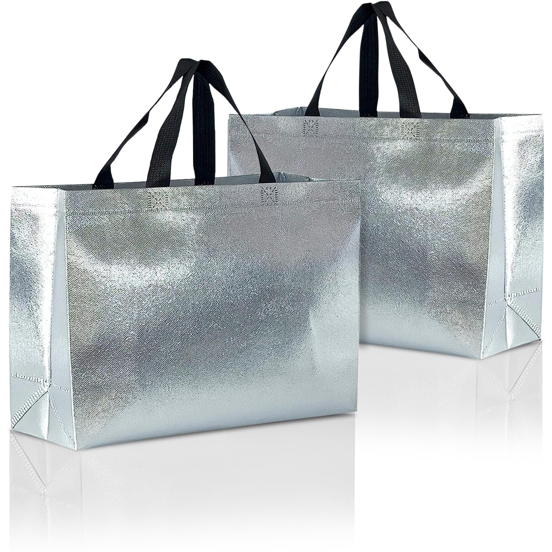 Drapme Large Size Pack of 50 Pcs Glossy Metallic Laminated Non-Woven Reusable Eco-Friendly Party Return Gift Bags (Silver) (Large 17x12x5 Inch)