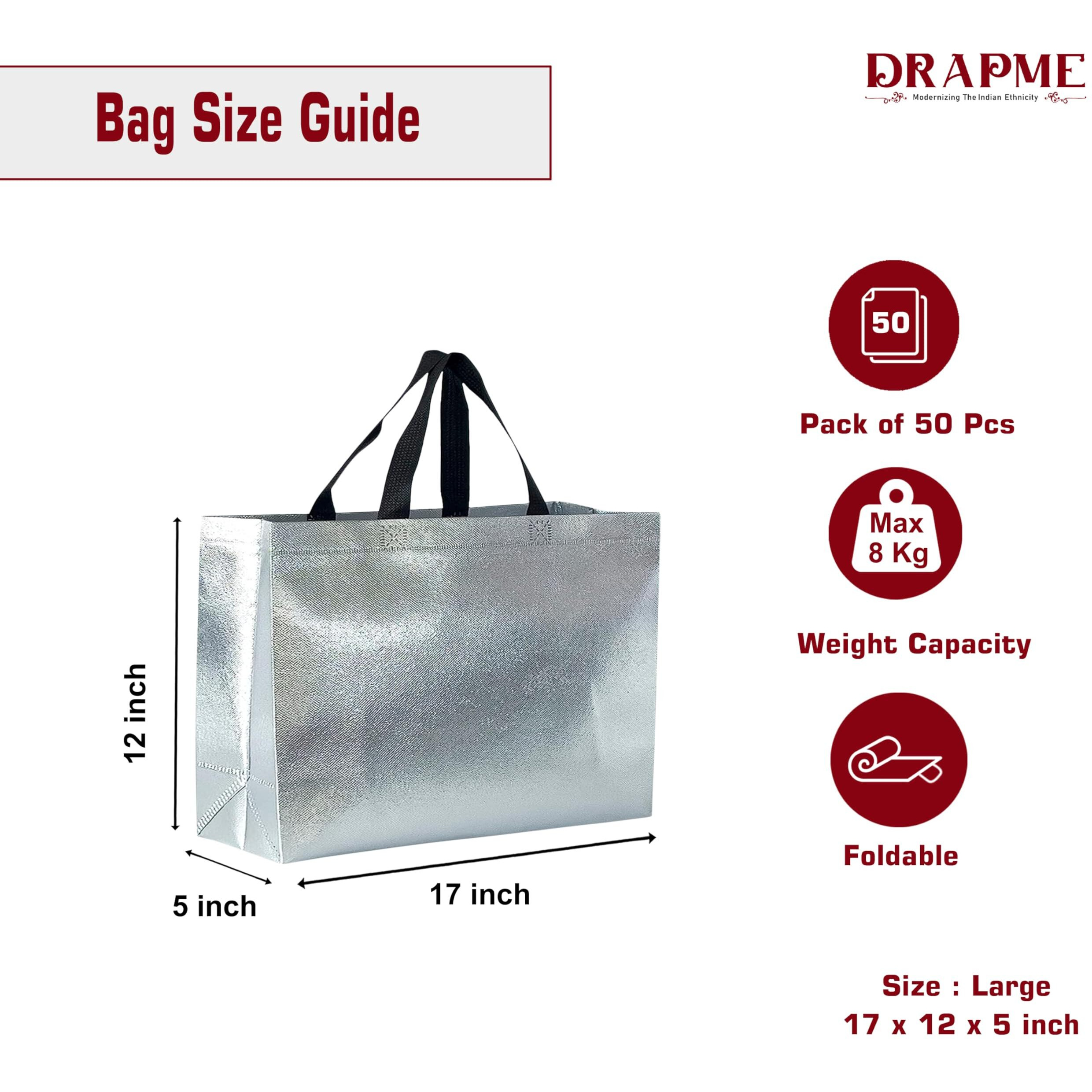 Drapme Large Size Pack of 50 Pcs Glossy Metallic Laminated Non-Woven Reusable Eco-Friendly Party Return Gift Bags (Silver) (Large 17x12x5 Inch)