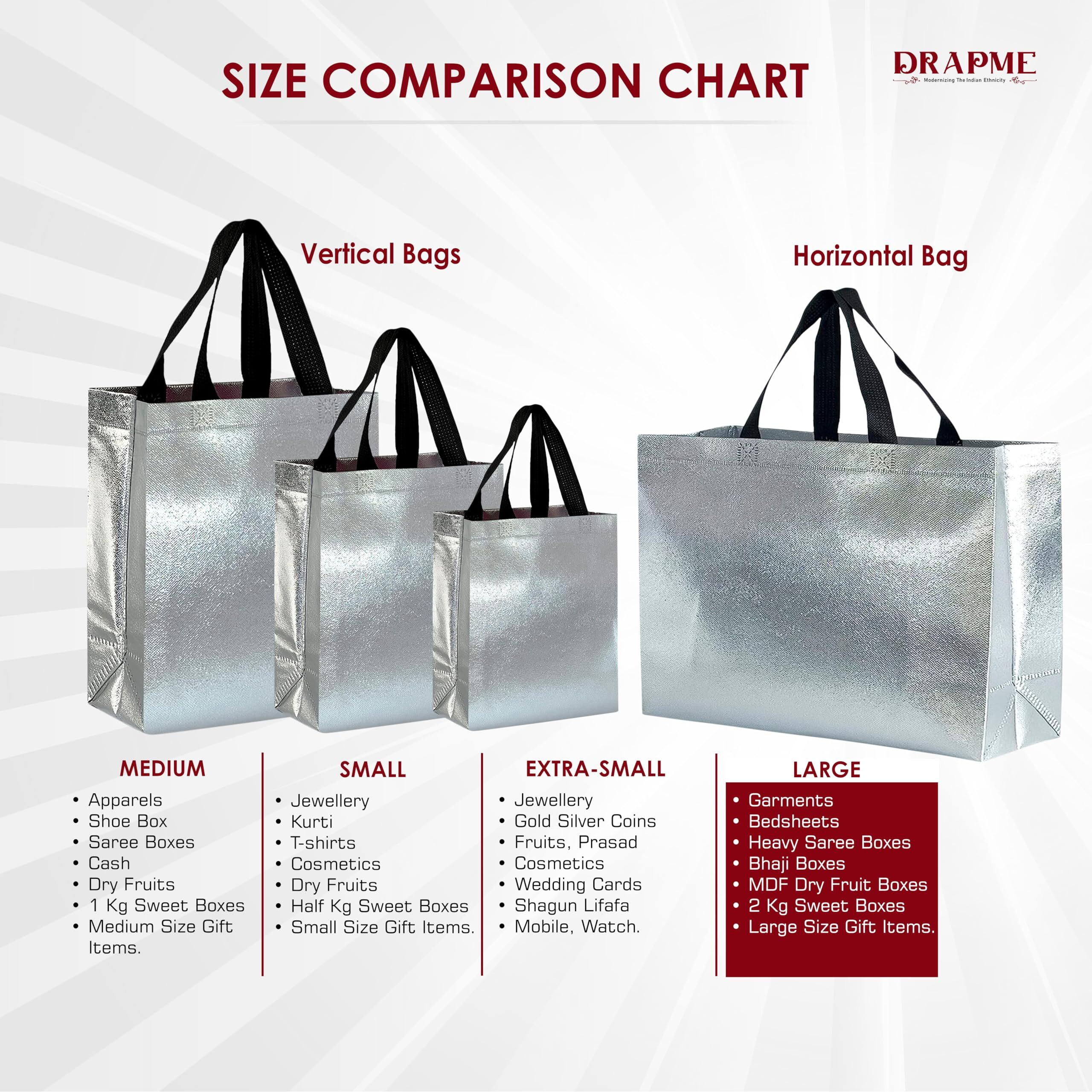 Drapme Large Size Pack of 50 Pcs Glossy Metallic Laminated Non-Woven Reusable Eco-Friendly Party Return Gift Bags (Silver) (Large 17x12x5 Inch)