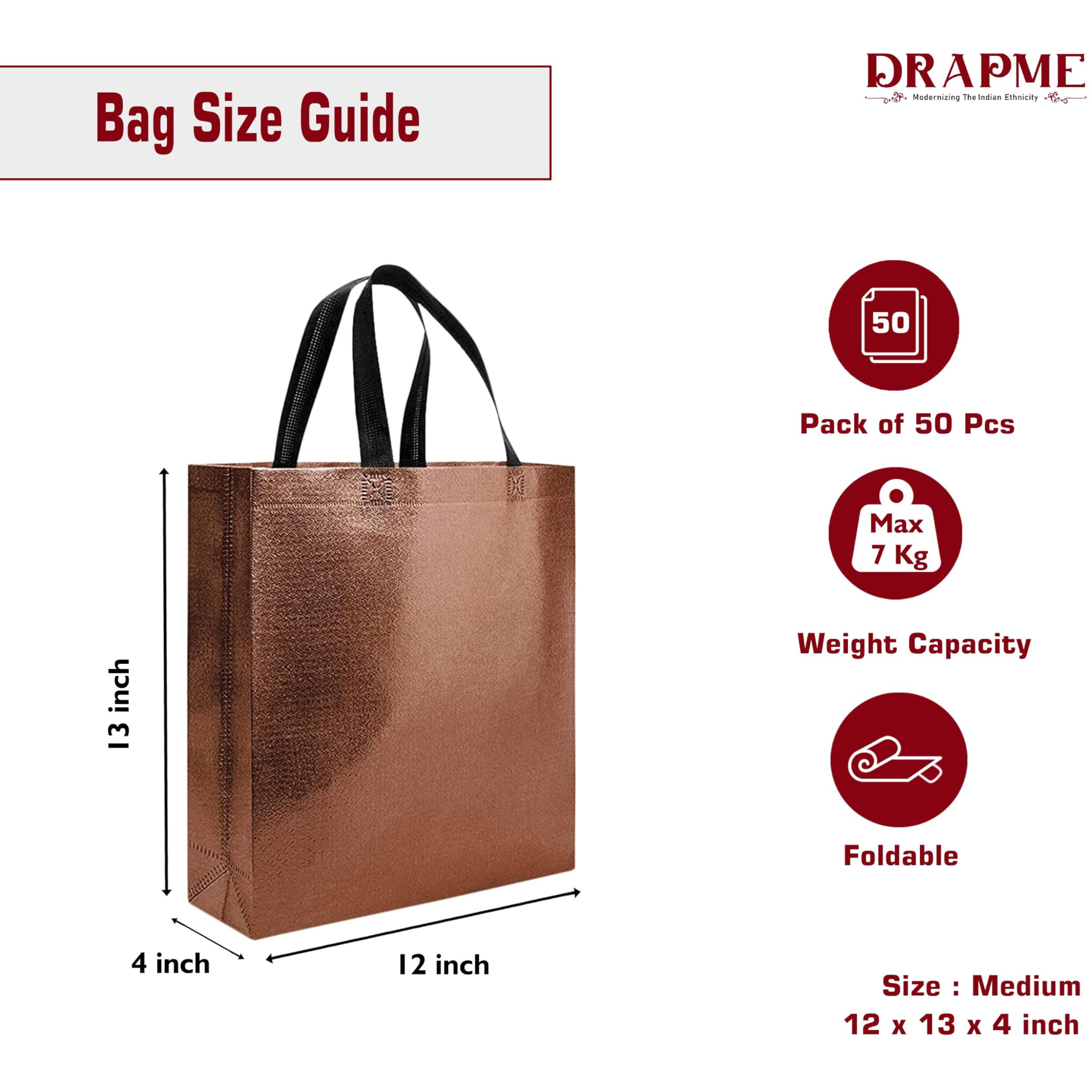 DRAPME Medium Size Pack of 50 Pcs Glossy Metallic Laminated Non-Woven Reusable Eco-Friendly Party Return Gift Bags (Copper) (Medium 12x13x4 Inch)