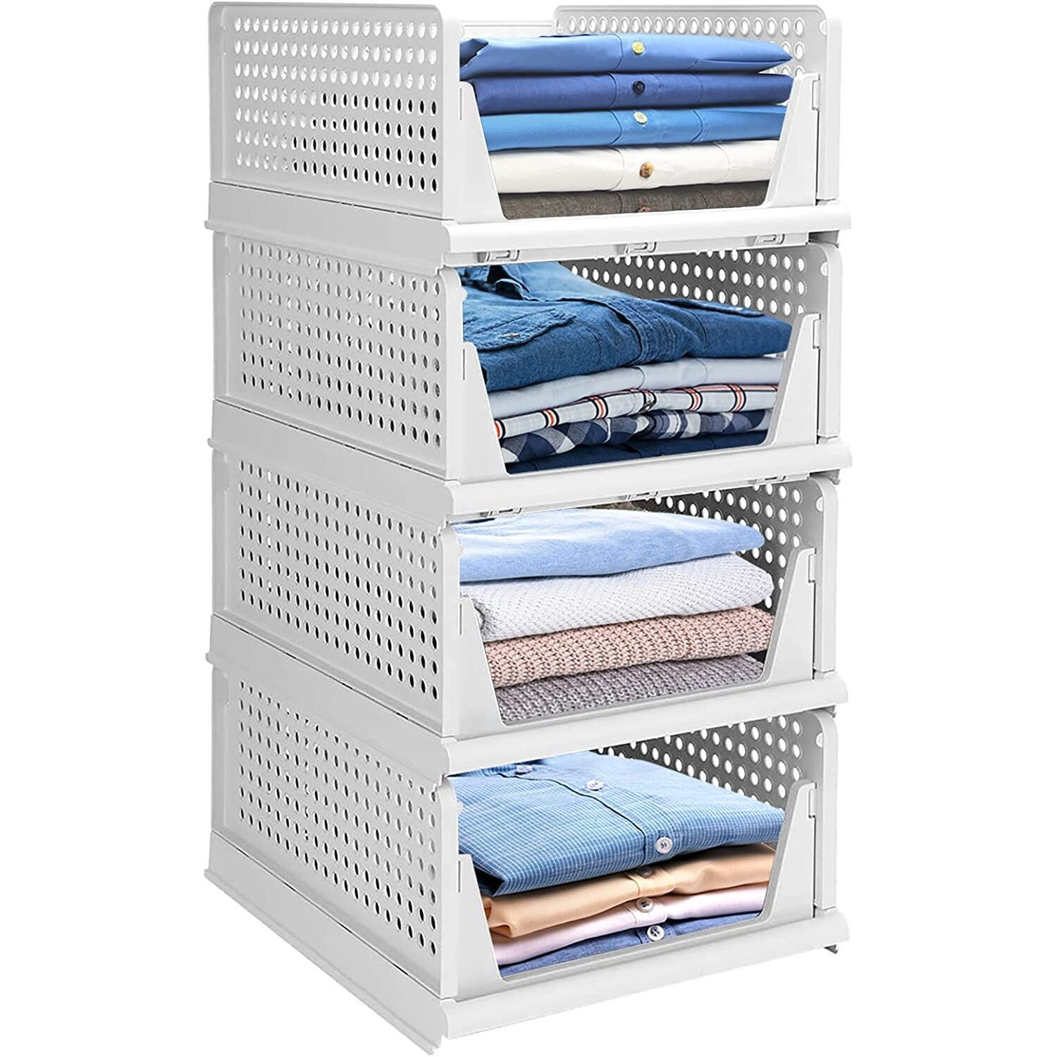 JEYANG Folding Wardrobe Organizer Plastic Stackable Clothe Closet Self Storage Container, Rectangular Cupboard for Kitchen, Home and Bathroom (White) (Pack of 4 (Large White))