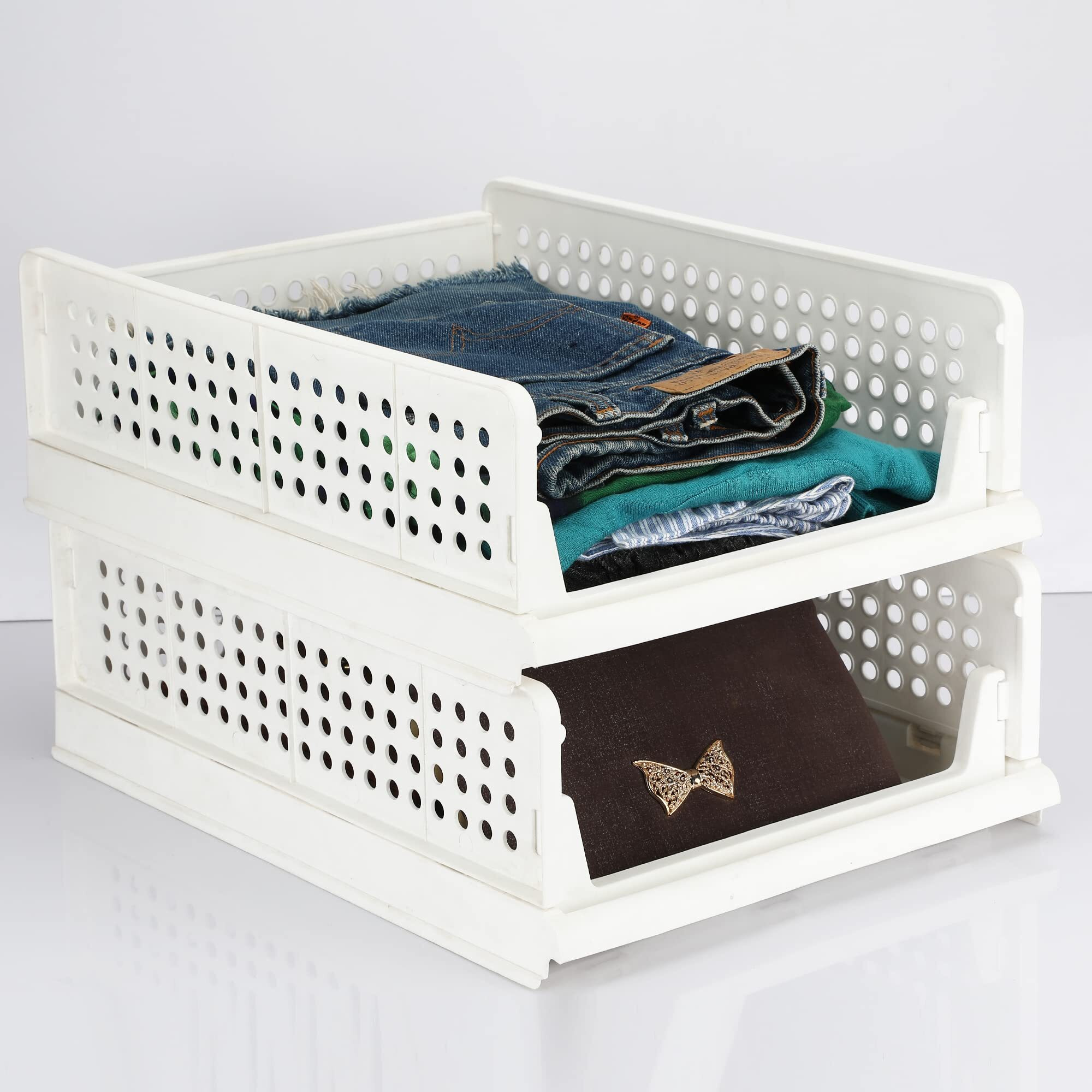 JEYANG Folding Wardrobe Organizer Plastic Stackable Clothe Closet Self Storage Container, Rectangular Cupboard for Kitchen, Home and Bathroom (White) (Pack of 2 (Large White))