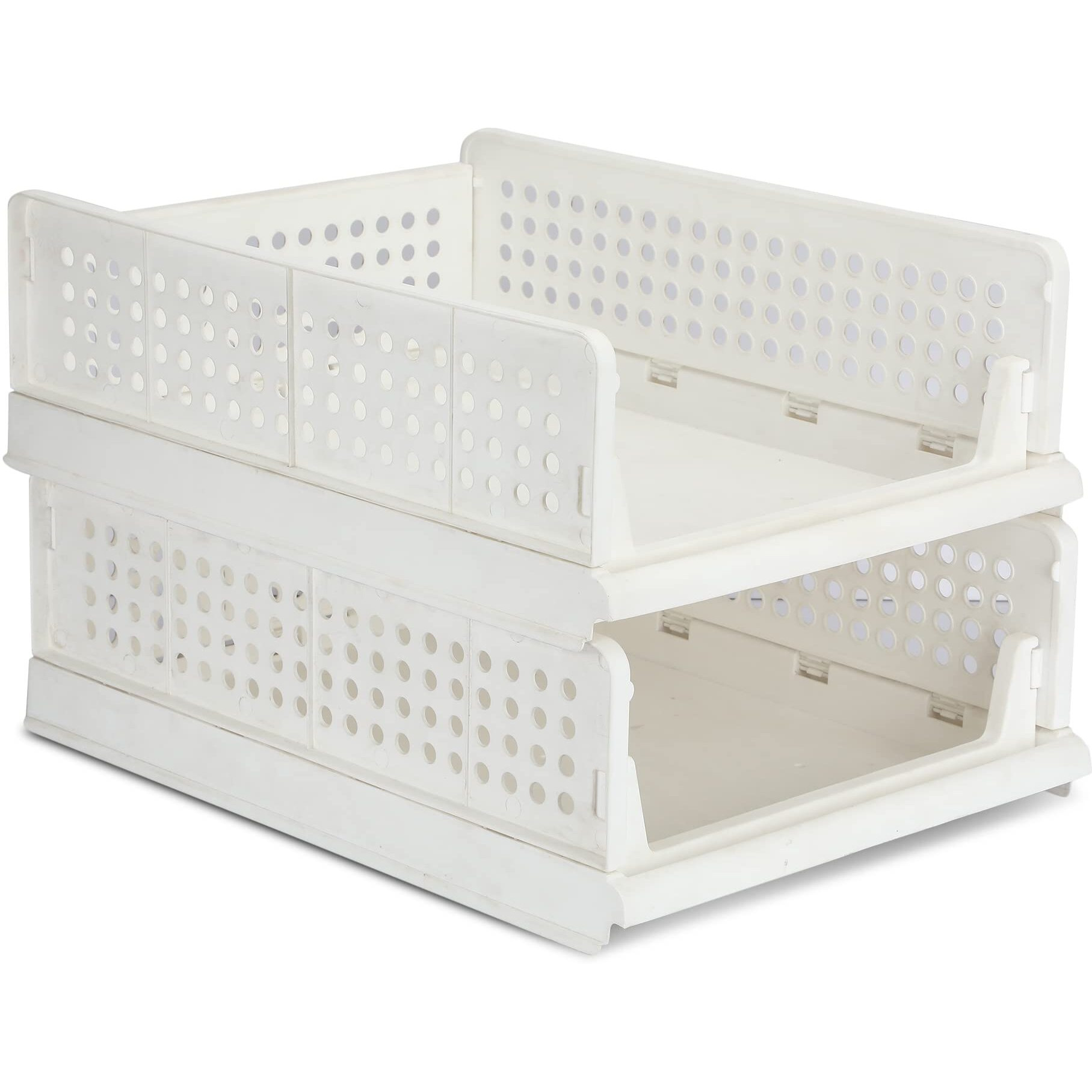 JEYANG Folding Wardrobe Organizer Plastic Stackable Clothe Closet Self Storage Container, Rectangular Cupboard for Kitchen, Home and Bathroom (White) (Pack of 2 (Large White))