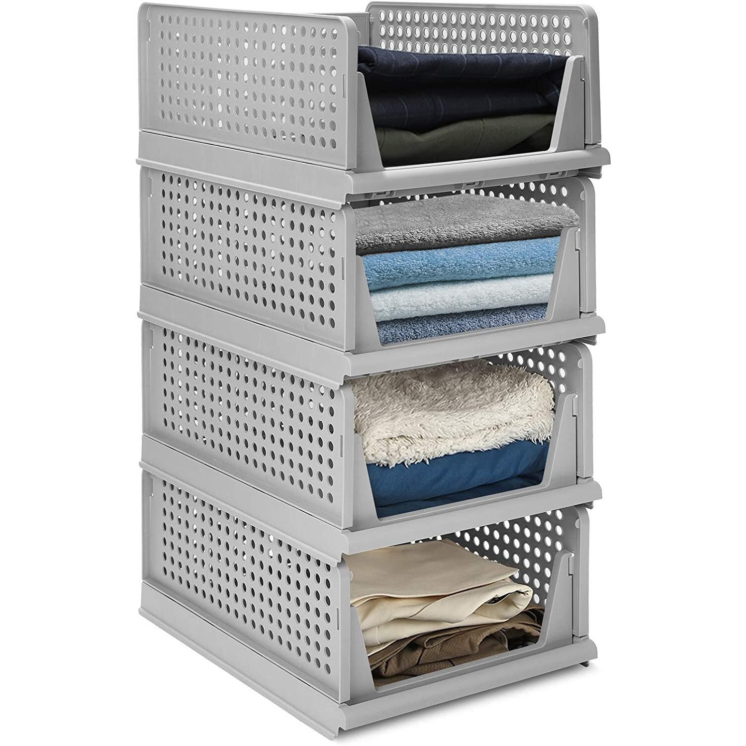 JEYANG Folding Wardrobe Organizer Plastic Stackable Clothe Closet Self Storage Container, Rectangular Cupboard for Kitchen, Home and Bathroom (Pack of 5 (Large Grey))