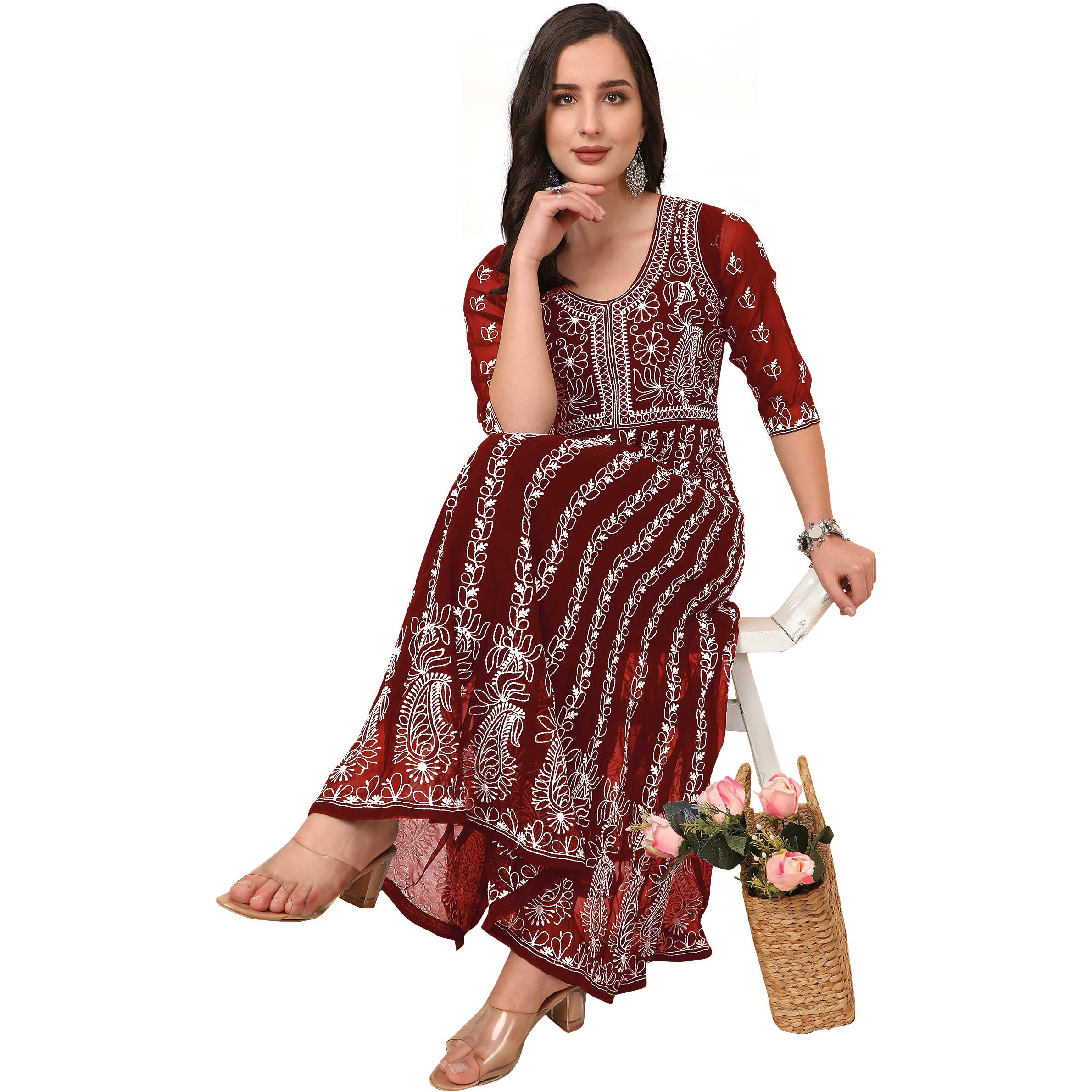 EthnicJunction Women s Georgette Chikankari Embroidery Anarkali Kurta (B19-Apsara-Rust_S_Rust)