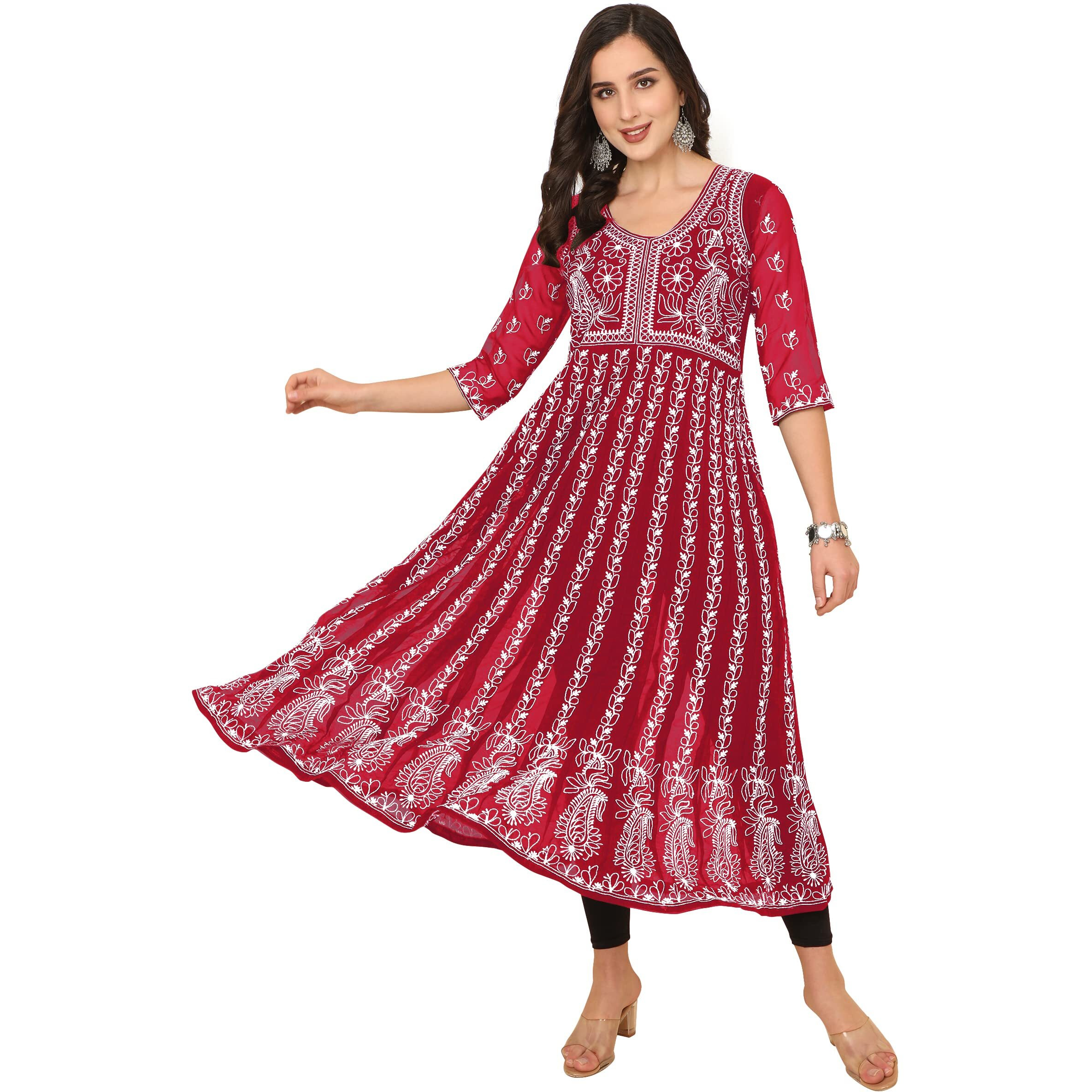 EthnicJunction Women s Georgette Chikankari Embroidery Anarkali Kurta (B19-Apsara-Maroon_M_Maroon)