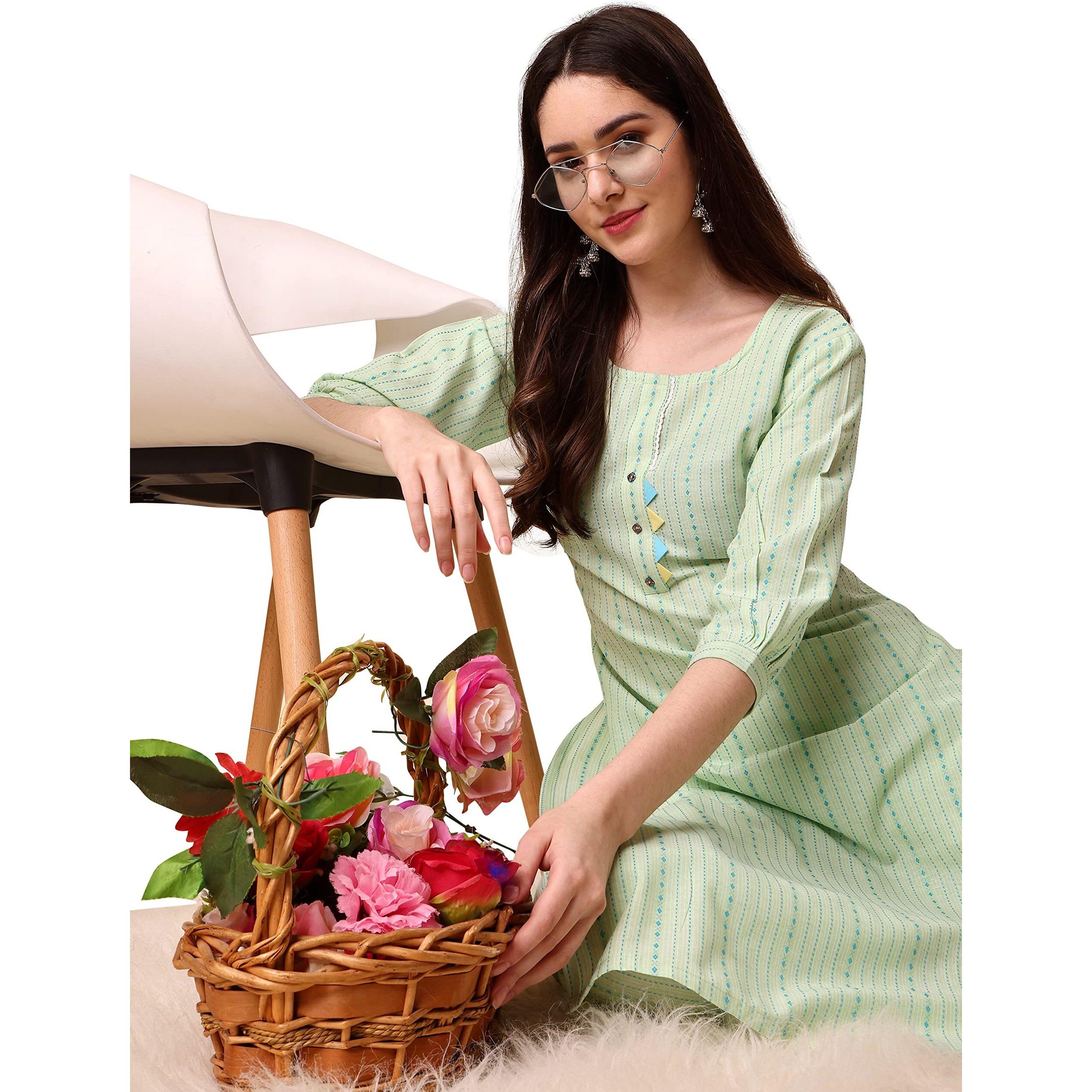 EthnicJunction Cotton Blend Women s Woven Striped Work Straight Kurta With Pant (Bt5-Rangsari-Light Green_Xl_Light Green)