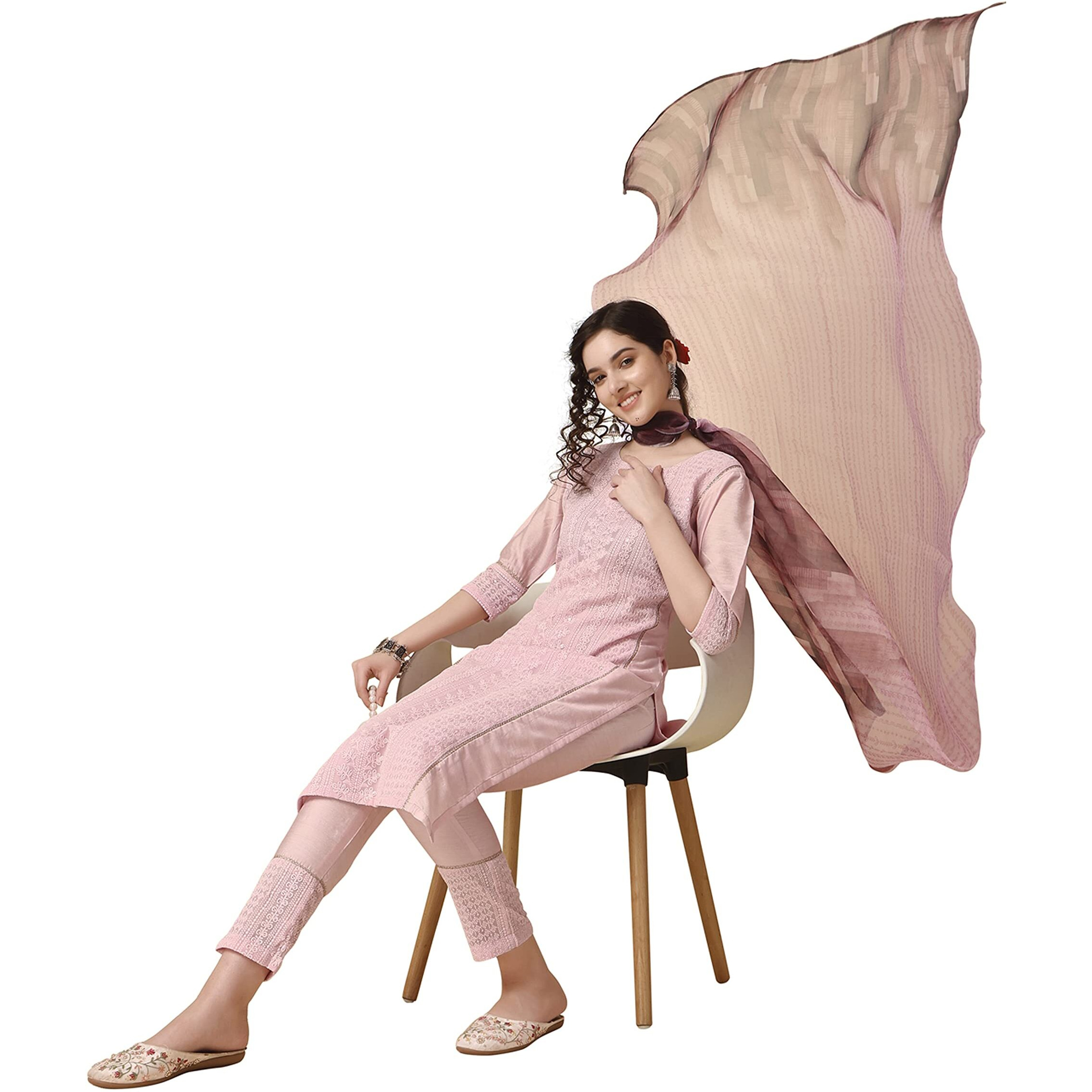 EthnicJunction Women s Schiffli Lucknowi Embroidered Work Chanderi Cotton Straight Kurta Pant with Organza Dupatta (SKD5-Schiffli-Pink_S_Pink)