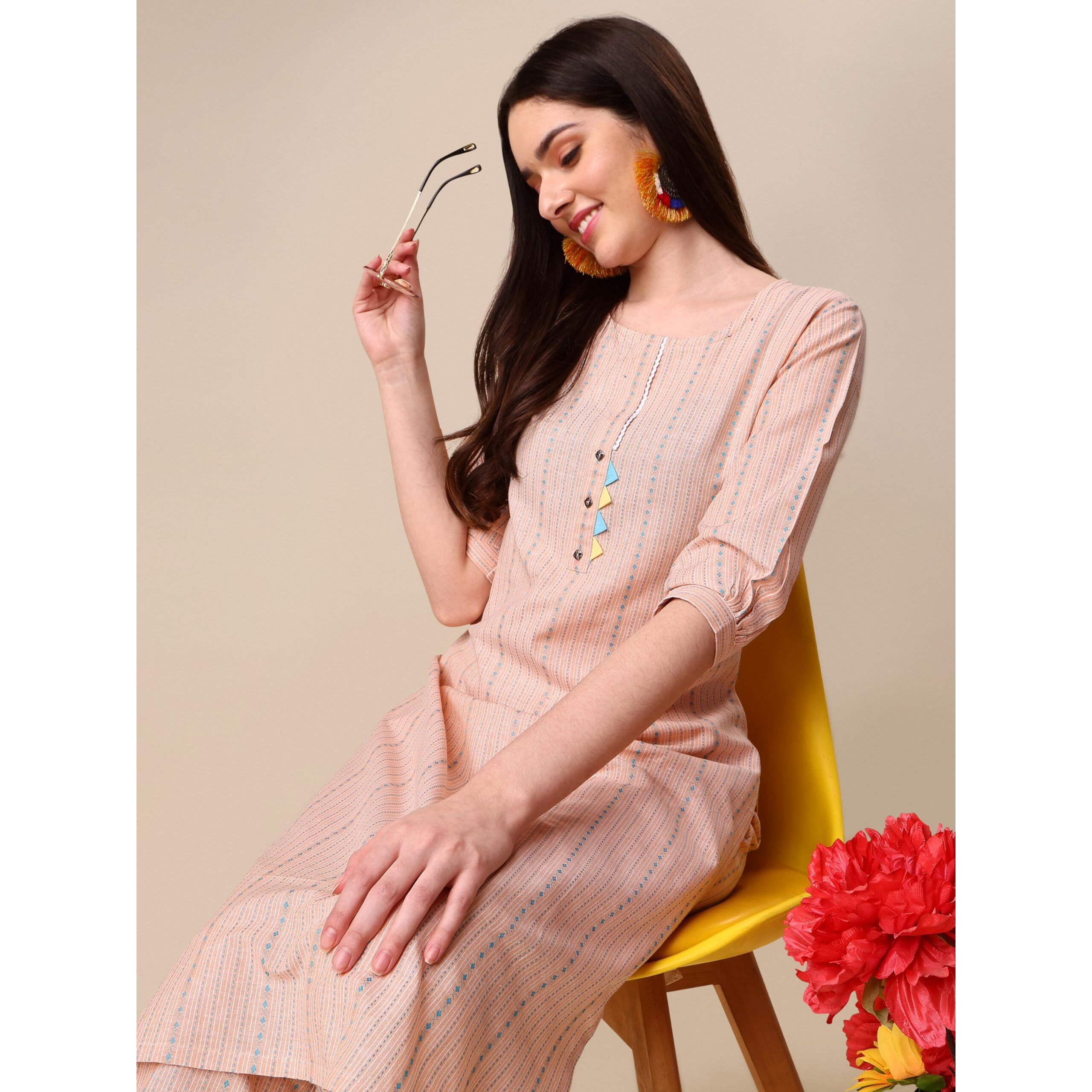 EthnicJunction Cotton Blend Women s Woven Striped Work Straight Kurti & Pant (Bt5-Rangsari-Peach_S_Peach)