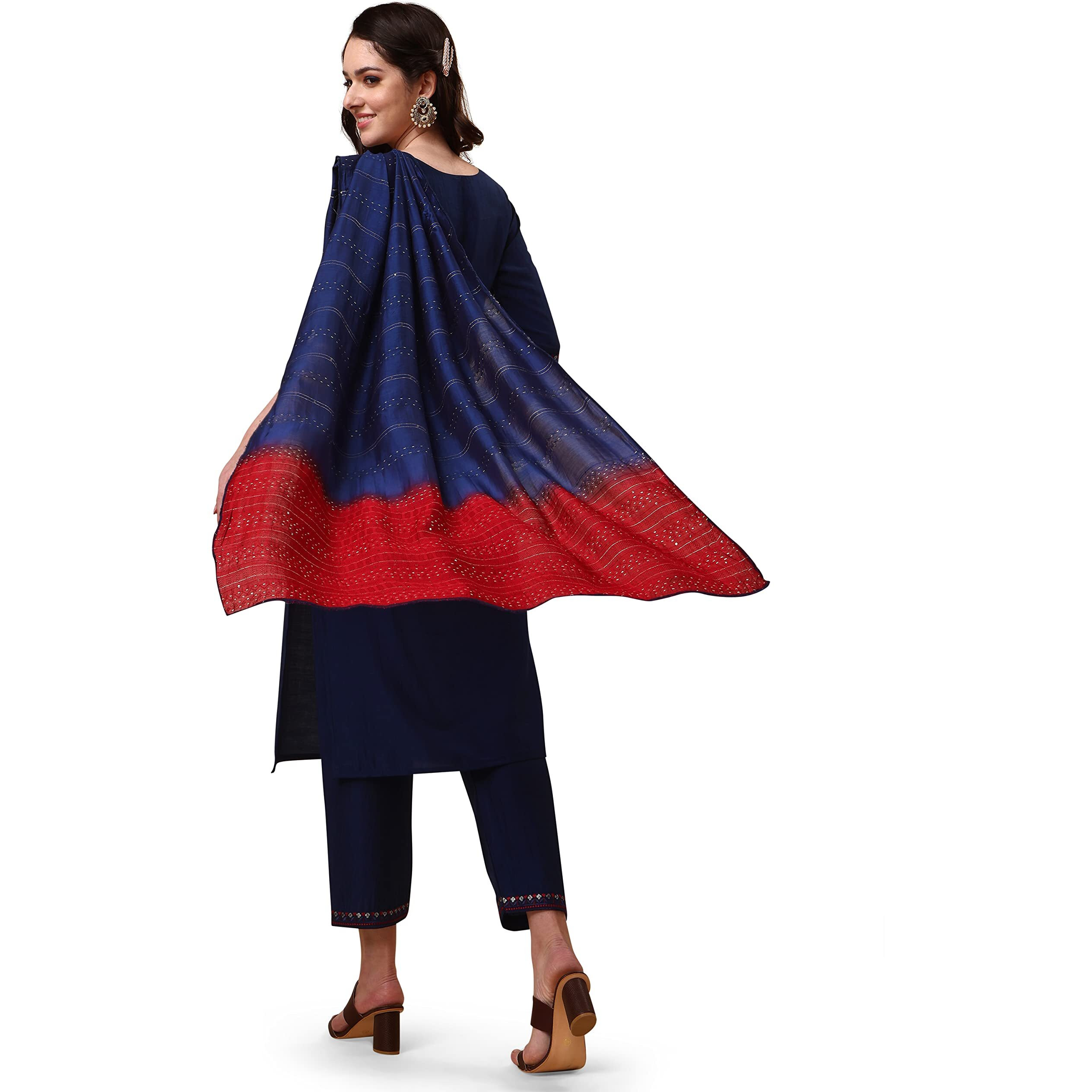 EthnicJunction Women s Embroidered Sequence Work Chinon Straight Kurta Pant with Chanderi Ombre Dupatta Navy