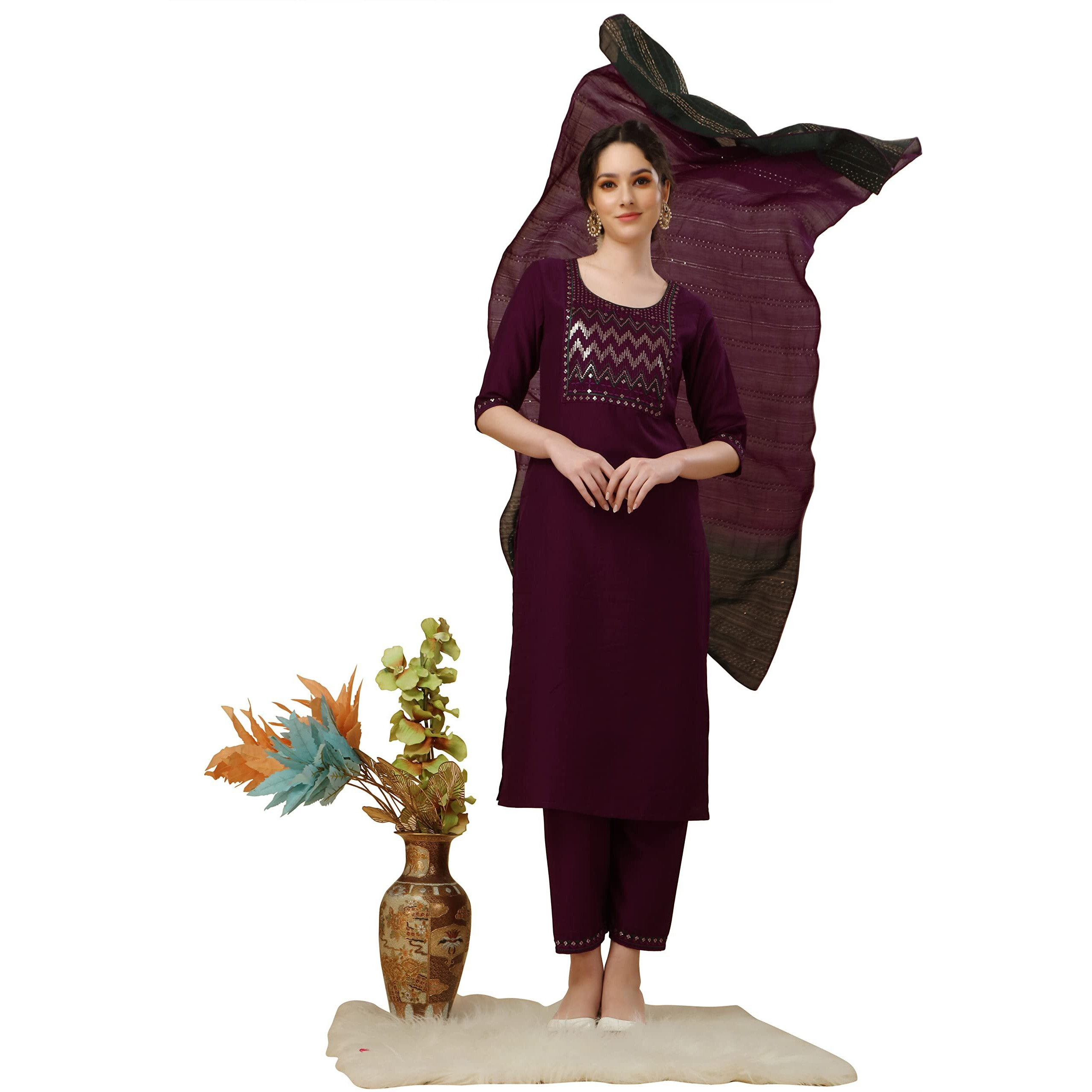 EthnicJunction Silk Blend Women s Chinon Embroidered And Sequence Work Straight Salwar Suit Set (Skd19-Shimmer-Wine_Xl_Wine)
