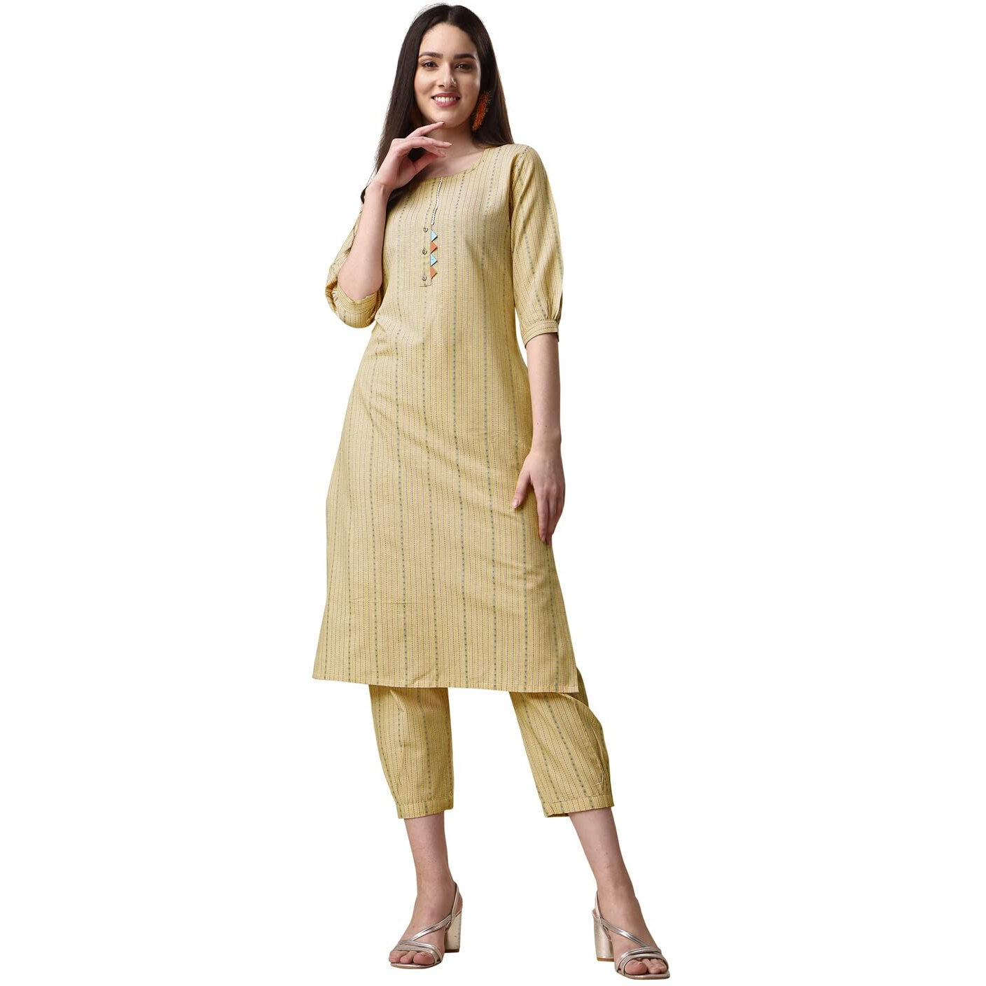 EthnicJunction Cotton Blend Women s Woven Striped Work Straight Kurta & Pant (Bt5-Rangsari-Light Yellow_Large_Light Yellow)