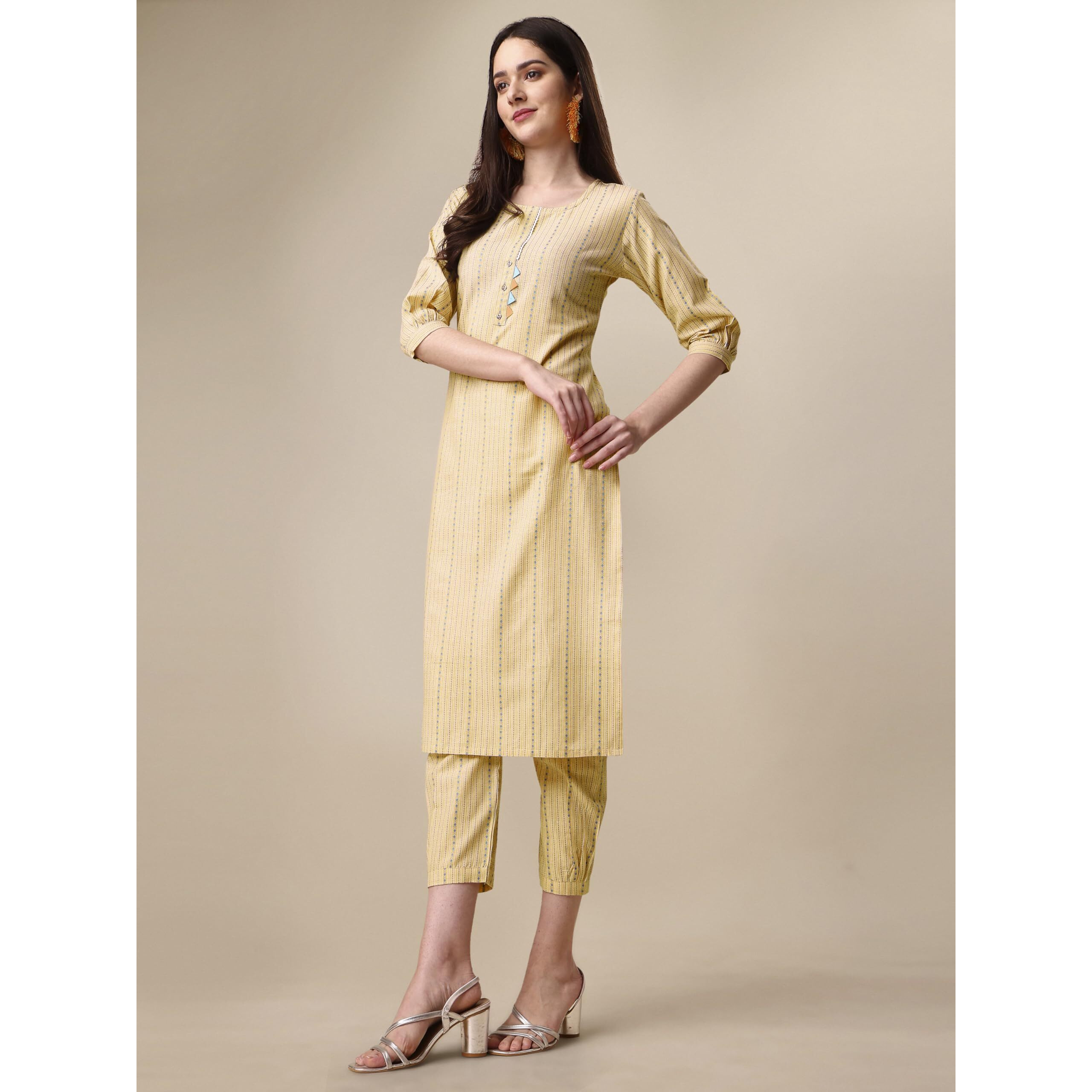 EthnicJunction Cotton Blend Women s Woven Striped Work Straight Kurta & Pant (Bt5-Rangsari-Light Yellow_Large_Light Yellow)