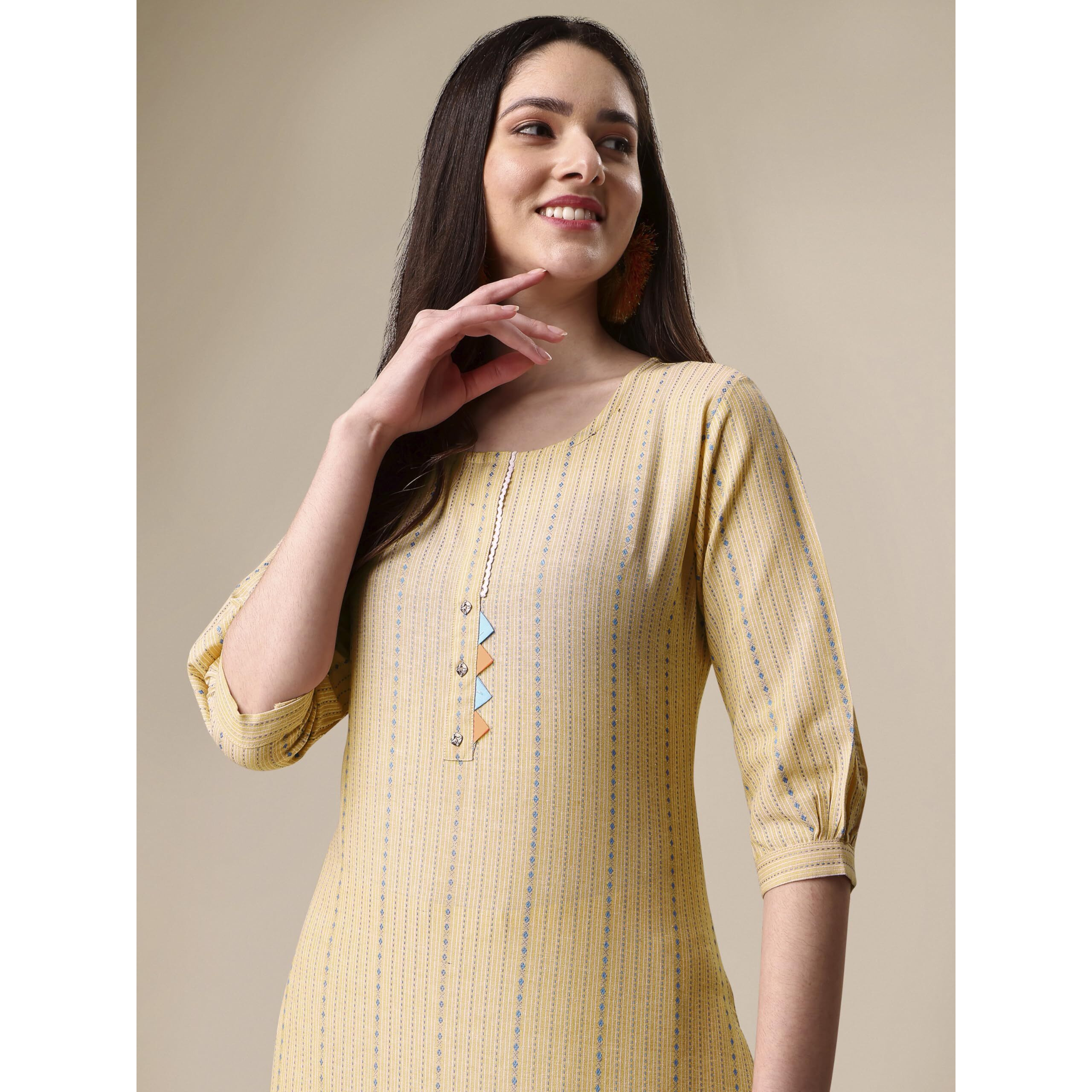 EthnicJunction Cotton Blend Women s Woven Striped Work Straight Kurta & Pant (Bt5-Rangsari-Light Yellow_Large_Light Yellow)