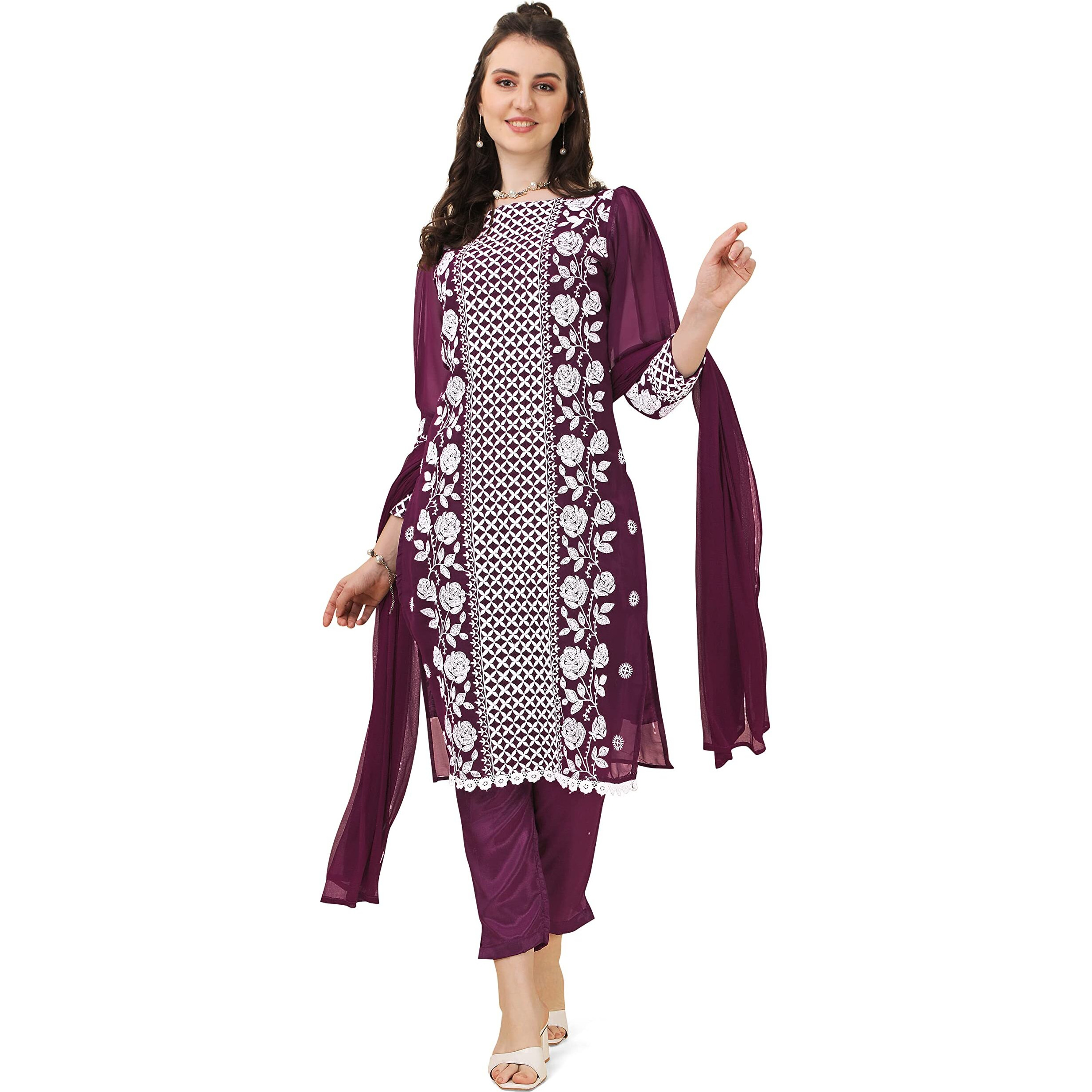 EthnicJunction Women s Lucknowi Chikankari Embroidered Thread Work Georgette Straight Kurta Pant with Dupatta (SKD4-Panel-Wine_2XL_Wine)