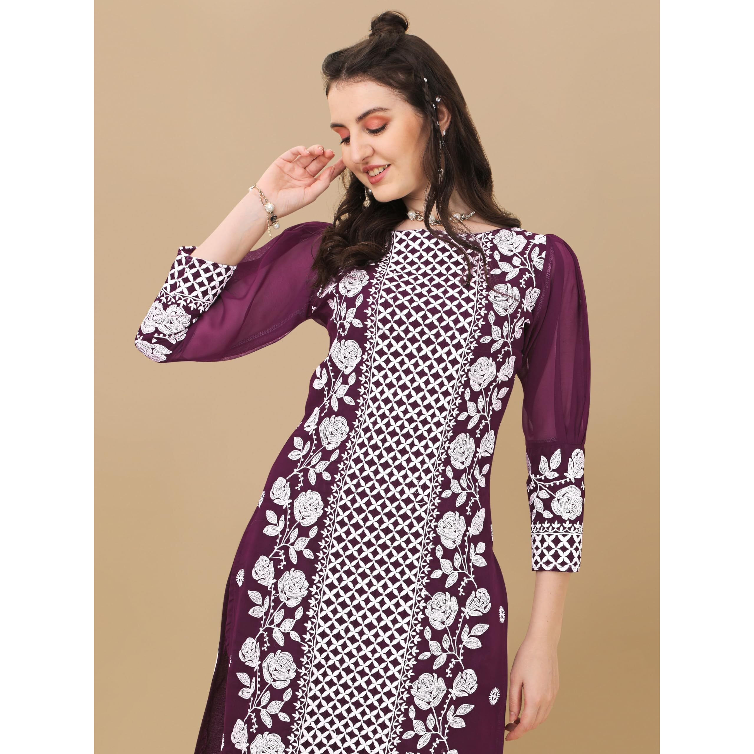EthnicJunction Women s Lucknowi Chikankari Embroidered Thread Work Georgette Straight Kurta Pant with Dupatta (SKD4-Panel-Wine_2XL_Wine)
