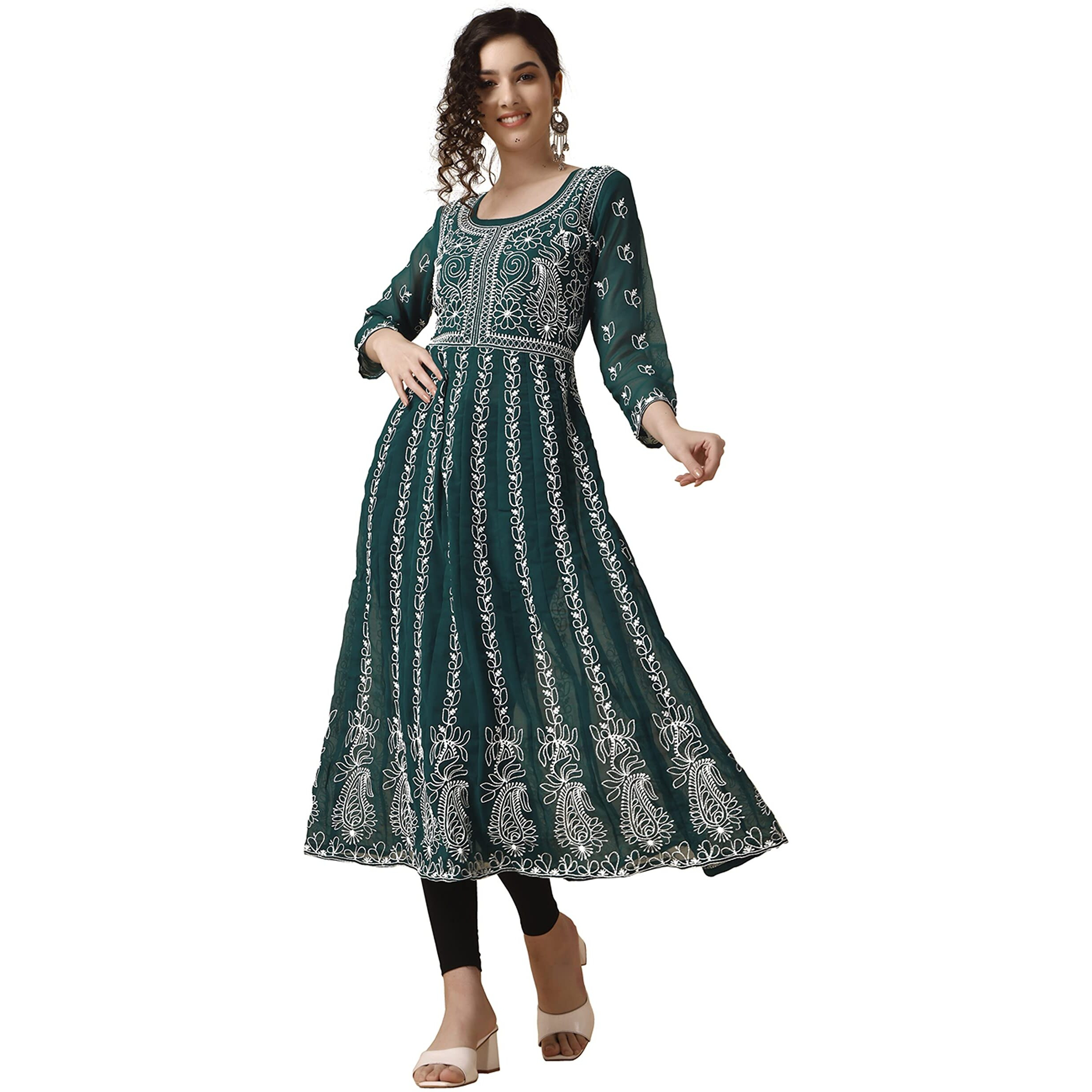 EthnicJunction Women s Lucknowi Chikankari Embroidered Thread Work Georgette Anarkali Kurta (B19-Apsara-Rama_L_Rama)