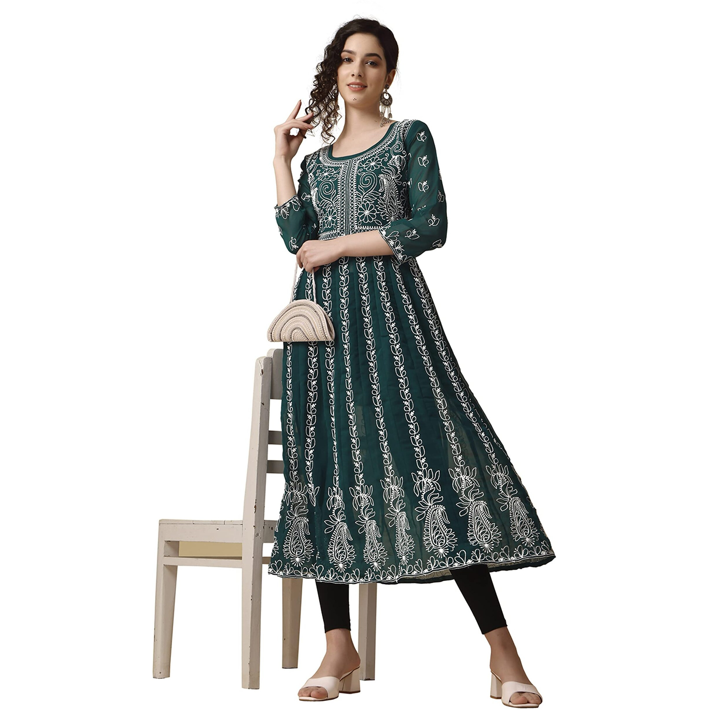 EthnicJunction Women s Lucknowi Chikankari Embroidered Thread Work Georgette Anarkali Kurta (B19-Apsara-Rama_L_Rama)