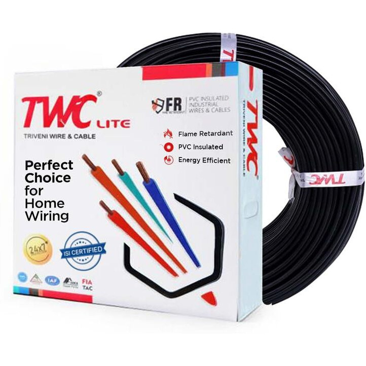 TWC Lite Single Core Electrical Wire |Black, 45 Meter, 10 SQ.MM. |PVC electrical insulated copper wire | Cable for Domestic & Industrial Connection purpose | Flame Resistant |