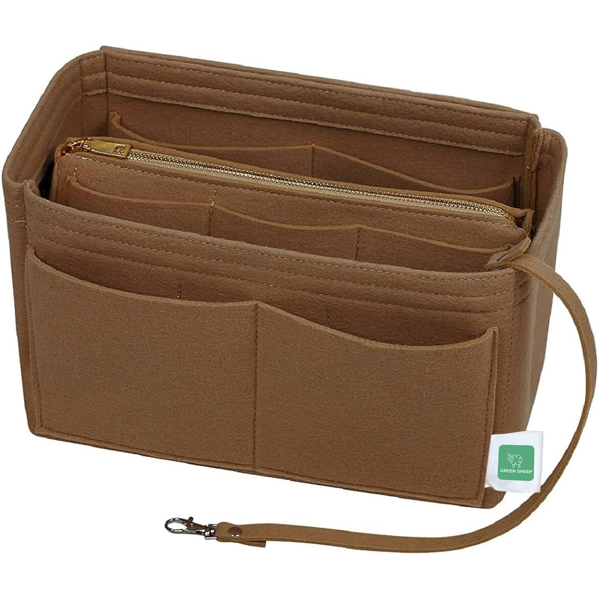 GREENSHEEP Purse Organizer Insert for Handbags, Premium Felt Organizer with Zipper Pocket (Large, camel)