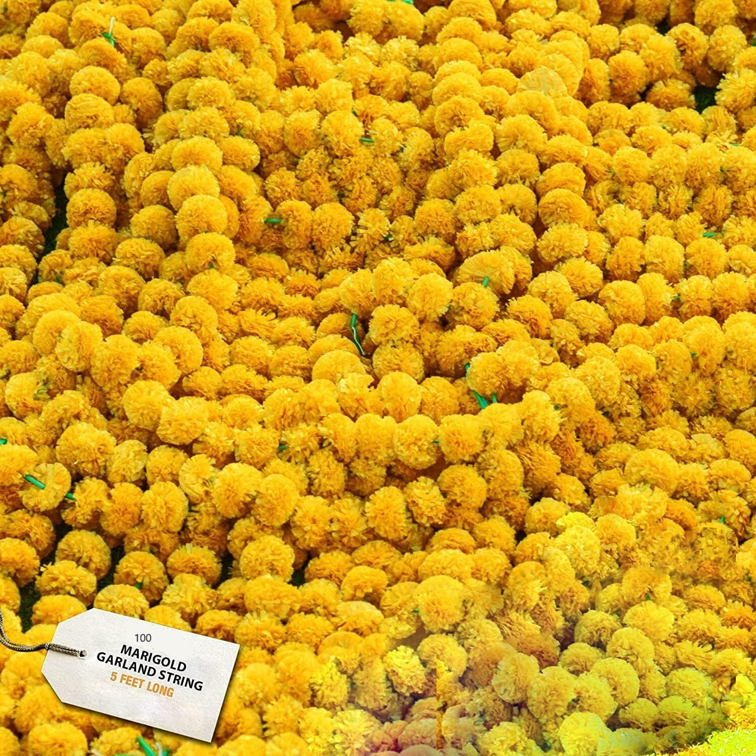 HOME BUY Artificial Marigold Flowers for Decoration Garland with Bell for Diwali & Festivals | 5 Feet Long (Yelow - 5 pkt)