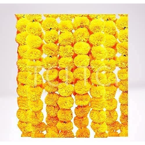 HOME BUY Artificial Marigold Flowers for Decoration Garland with Bell for Diwali & Festivals | 5 Feet Long (Yelow - 5 pkt)