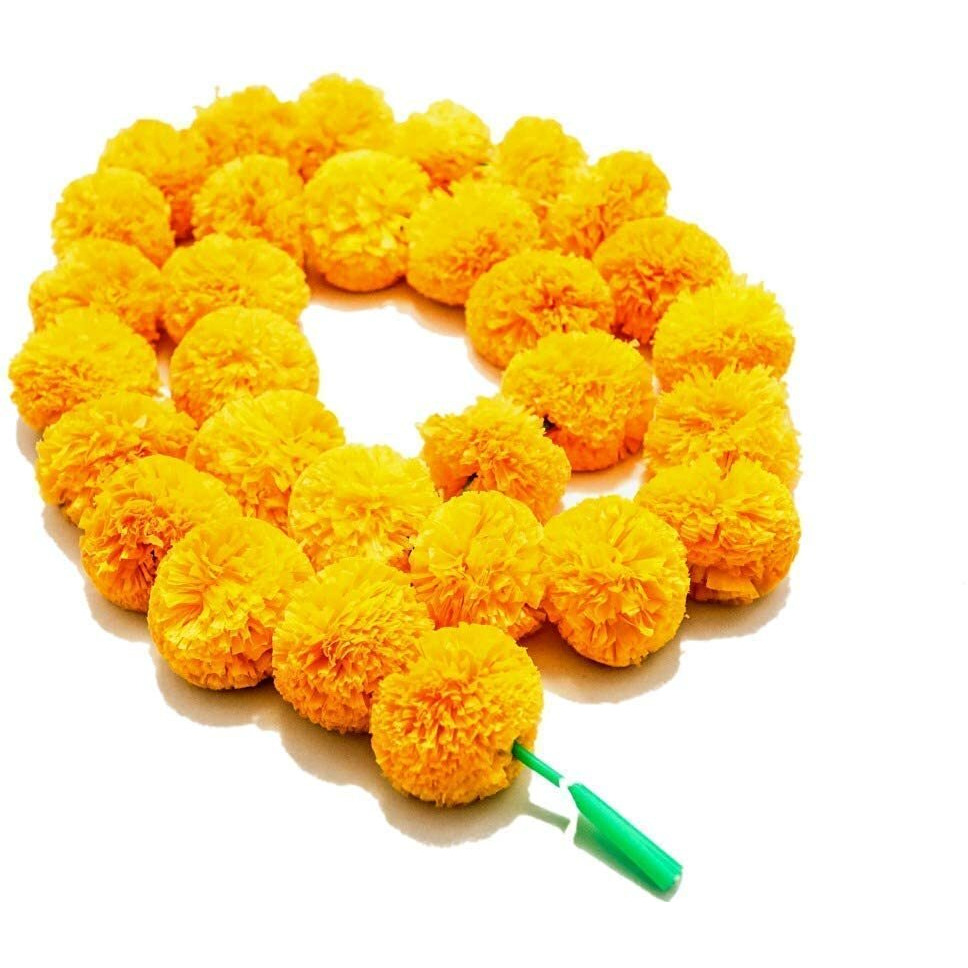 HOME BUY Artificial Marigold Flowers for Decoration Garland with Bell for Diwali & Festivals | 5 Feet Long (Yelow - 5 pkt)