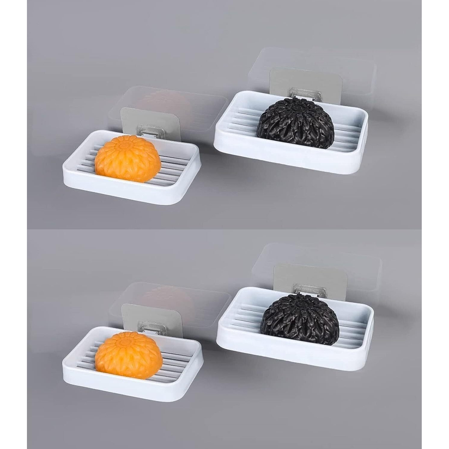 Qonetic Soap Holder (Pack Of 4) For Bathroom,Caddy Organizer Shelf Without Drilling,Wall Mounted Self Draining Soap Dish Hanging Waterproof Box Storage Rack W/ Adhesive Sticker (4)-Plastic,Multicolor