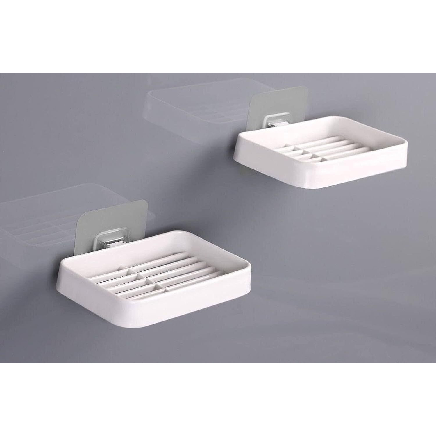 Qonetic Soap Holder (Pack Of 4) For Bathroom,Caddy Organizer Shelf Without Drilling,Wall Mounted Self Draining Soap Dish Hanging Waterproof Box Storage Rack W/ Adhesive Sticker (4)-Plastic,Multicolor