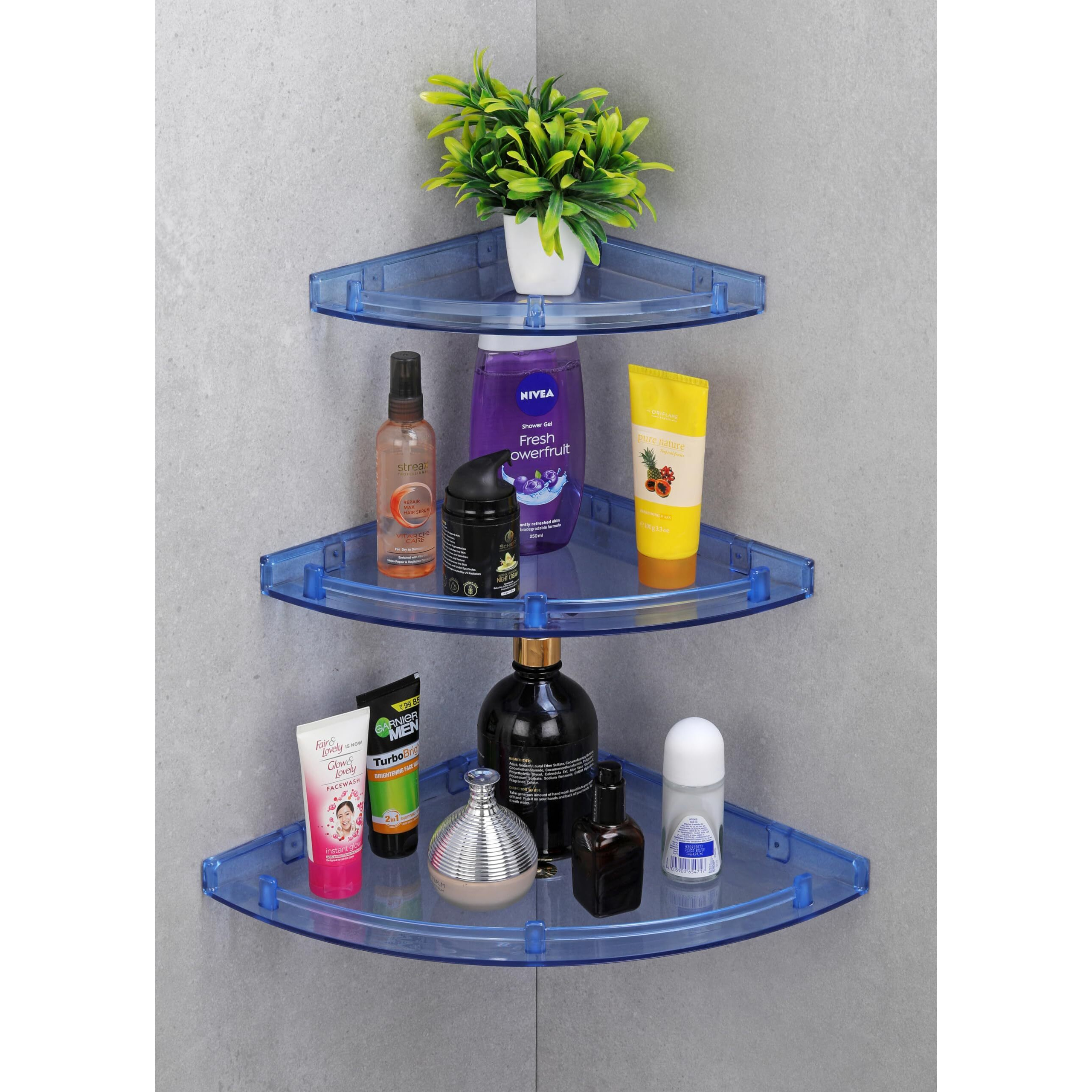 iSTAR ABS Unbreakable Chrome Finish Corner Acrylic Plastic Wall Shelf (8X8, 10X10, 12X12, Number of Shelves - 3) Pack of 3 (Blue)
