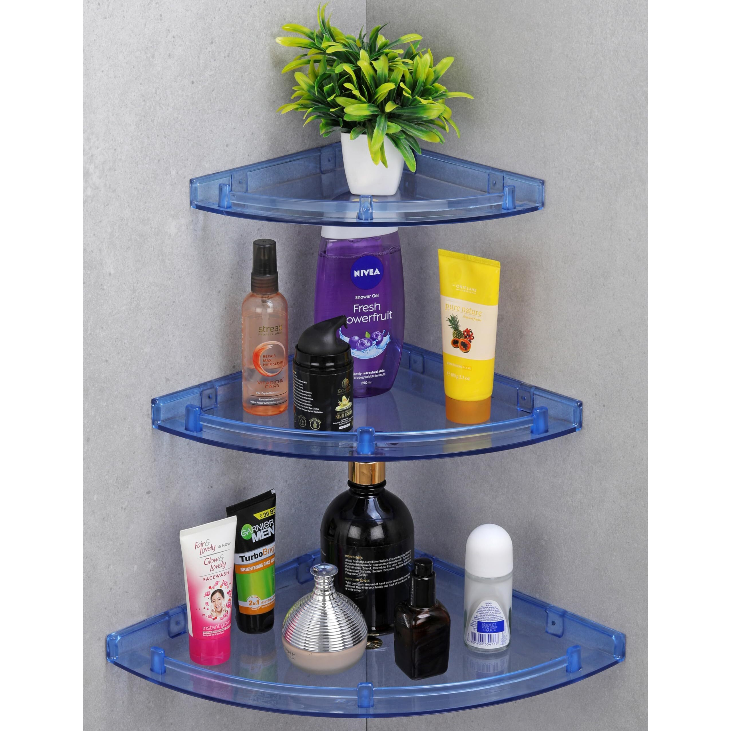 iSTAR ABS Unbreakable Chrome Finish Corner Acrylic Plastic Wall Shelf (8X8, 10X10, 12X12, Number of Shelves - 3) Pack of 3 (Blue)