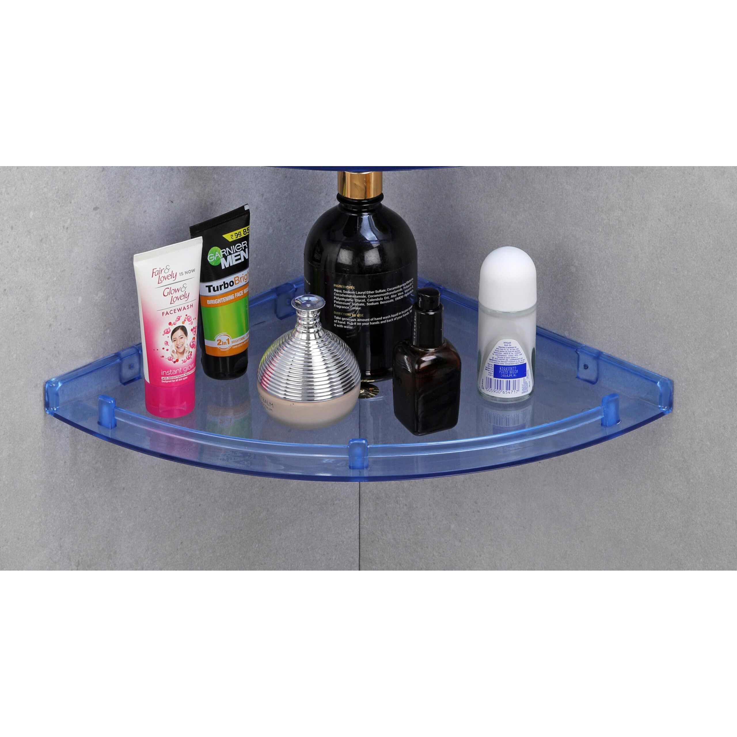 iSTAR ABS Unbreakable Chrome Finish Corner Acrylic Plastic Wall Shelf (8X8, 10X10, 12X12, Number of Shelves - 3) Pack of 3 (Blue)