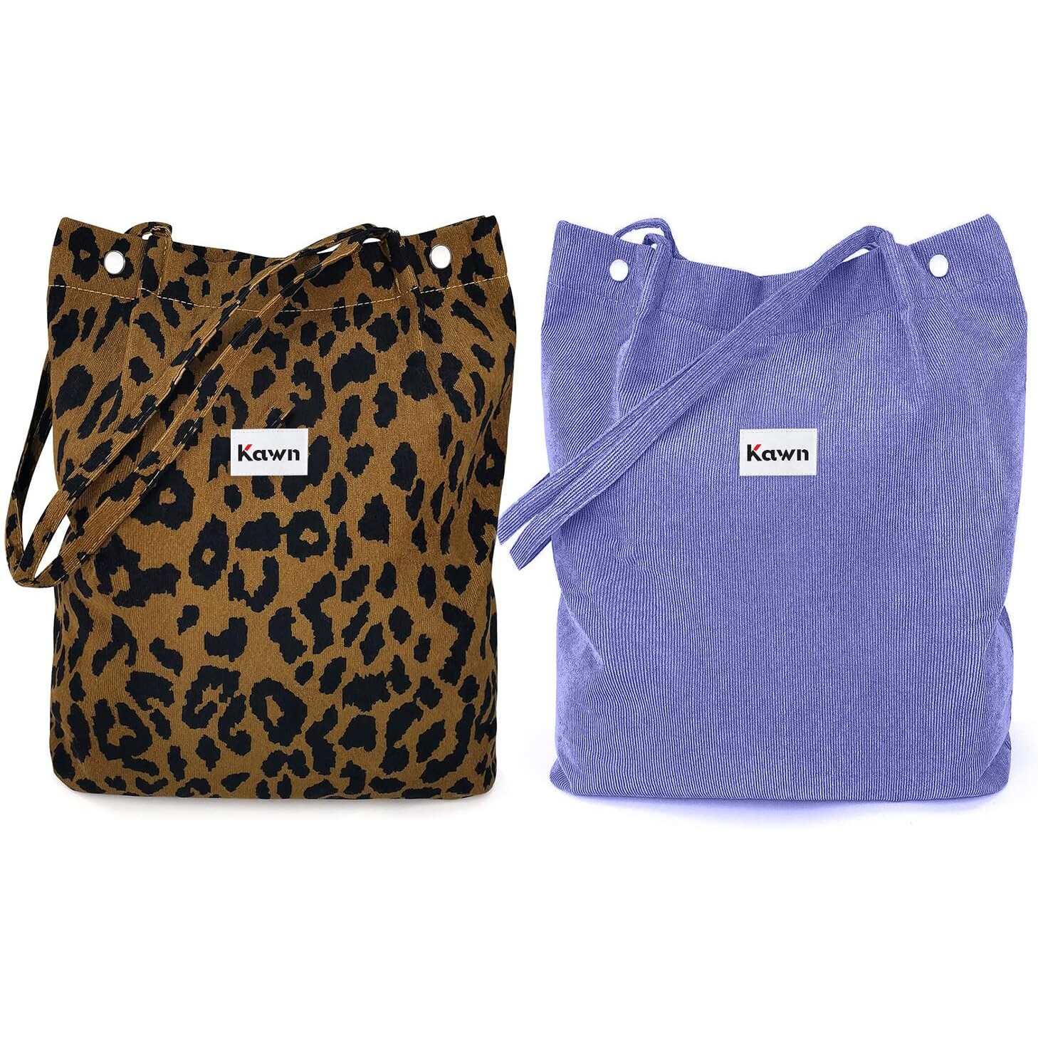 Kawn Women Corduroy Shopper Tote Bag Canvas Shoulder Purse Reusable Shopping Bag Grocery Bag Large Capacity Washable Handbag Shoulder Bag With Inner Pocket For Daily Use (Purple + Leopard)