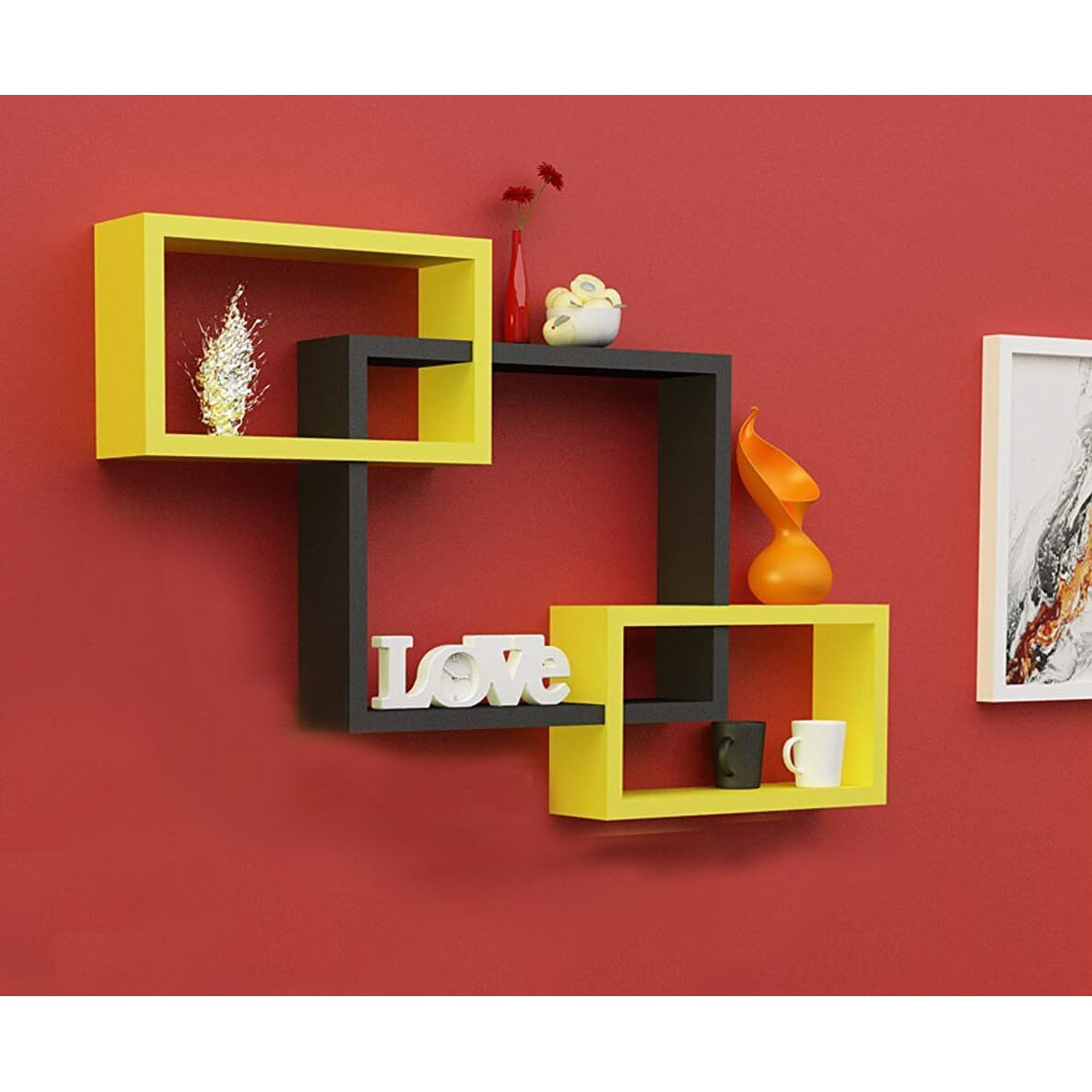 TechHark Polypropylene Wall Shelf, Home Dcor, Living Room Decorative Self, Office Decore Shleves, (Rectangle Yellow Black 3)