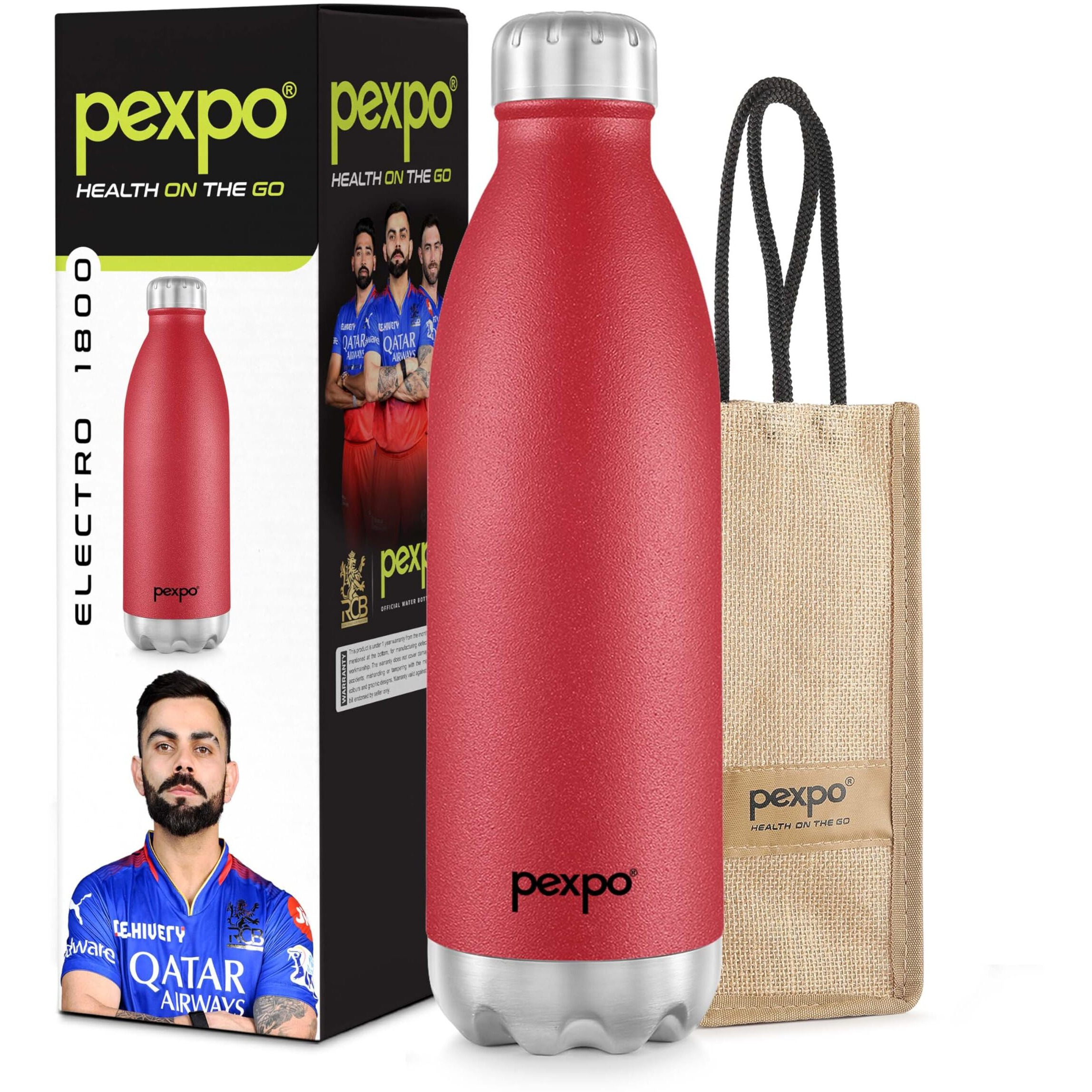 PEXPO Electro Pro Hot & Cold ISI Certified with Jute Bag | Stainless Steel Water Bottle - 1800ml Crimson Red | Thermoflask | Office Bottle | Workout | Travelling | Home| RCB Edition