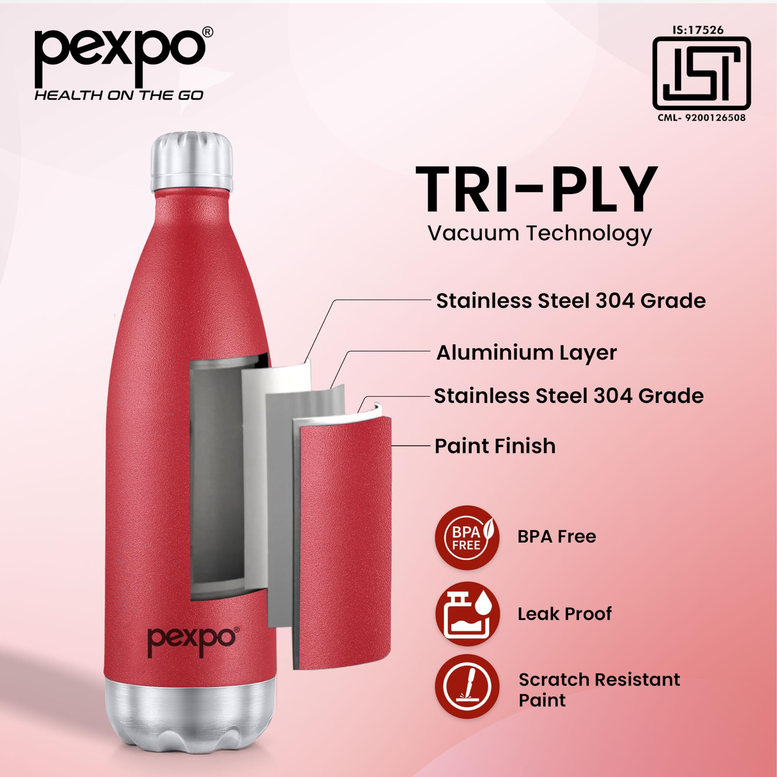 PEXPO Electro Pro Hot & Cold ISI Certified with Jute Bag | Stainless Steel Water Bottle - 1800ml Crimson Red | Thermoflask | Office Bottle | Workout | Travelling | Home| RCB Edition