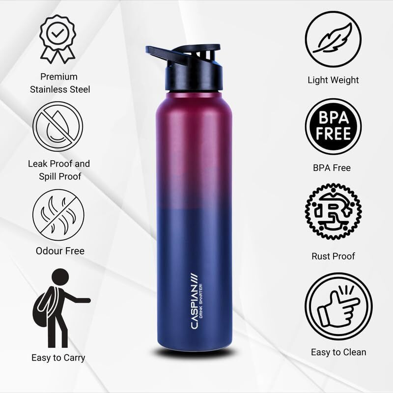 CASPIAN /// Hike Stainless Steel Sipper Water Bottle (Midnight Crimson, 1 Litre, Set of 1)| Leak Proof Thunder for Fridge Home Office Travel School Kids Boys Girls Adults Sports Gym Yoga