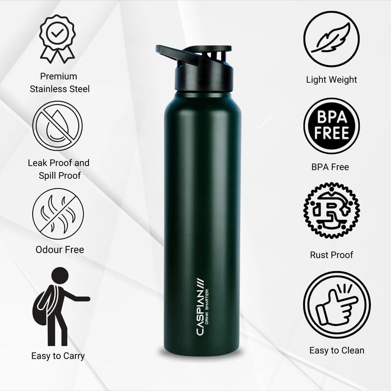 CASPIAN /// Hike Stainless Steel Sipper Water Bottle (Forest Green, 1 Litre, Set of 1)| Leak Proof Thunder for Fridge Home Office Travel School Kids Boys Girls Adults Sports Gym Yoga