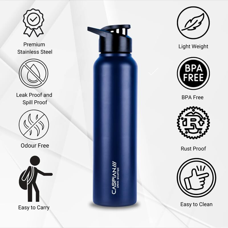 CASPIAN /// Hike Stainless Steel Sipper Water Bottle (Prussain Blue, 1 Litre, Set of 1)| Leak Proof Thunder for Fridge Home Office Travel School Kids Boys Girls Adults Sports Gym Yoga