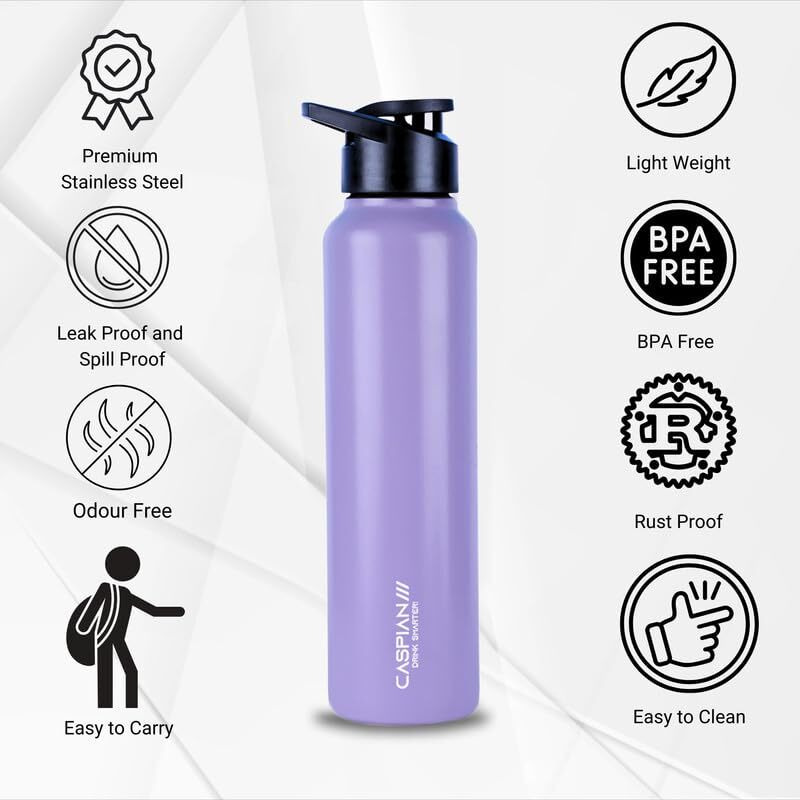CASPIAN /// Hike Stainless Steel Sipper Water Bottle (Light Purple, 1 Litre, Set of 1)| Leak Proof Thunder for Fridge Home Office Travel School Kids Boys Girls Adults Sports Gym Yoga