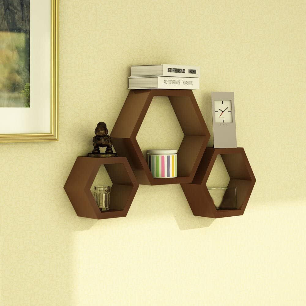 TechHark Polypropylene Wall Shelf, Home Dcor, Living Room Decorative Self, Office Decore Shleves, (Hexa Brown 3)