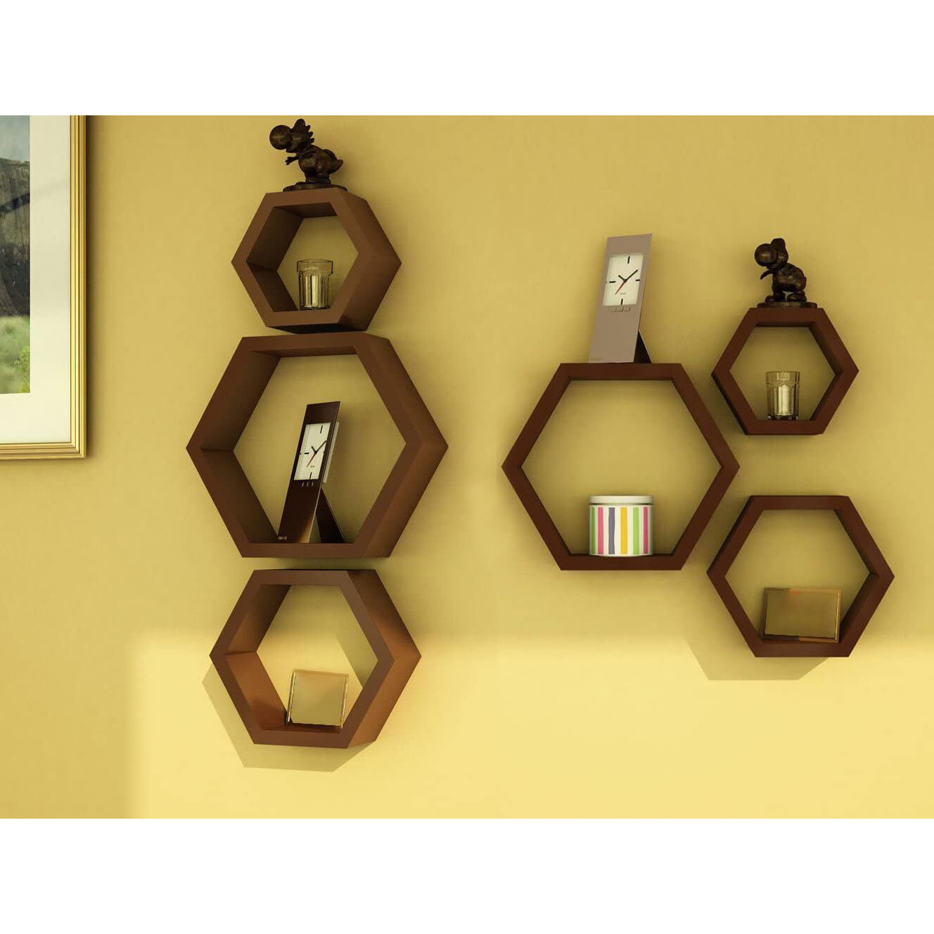 TechHark Polypropylene Wall Shelf, Home Dcor, Living Room Decorative Self, Office Decore Shleves, (Hexa Brown 3)