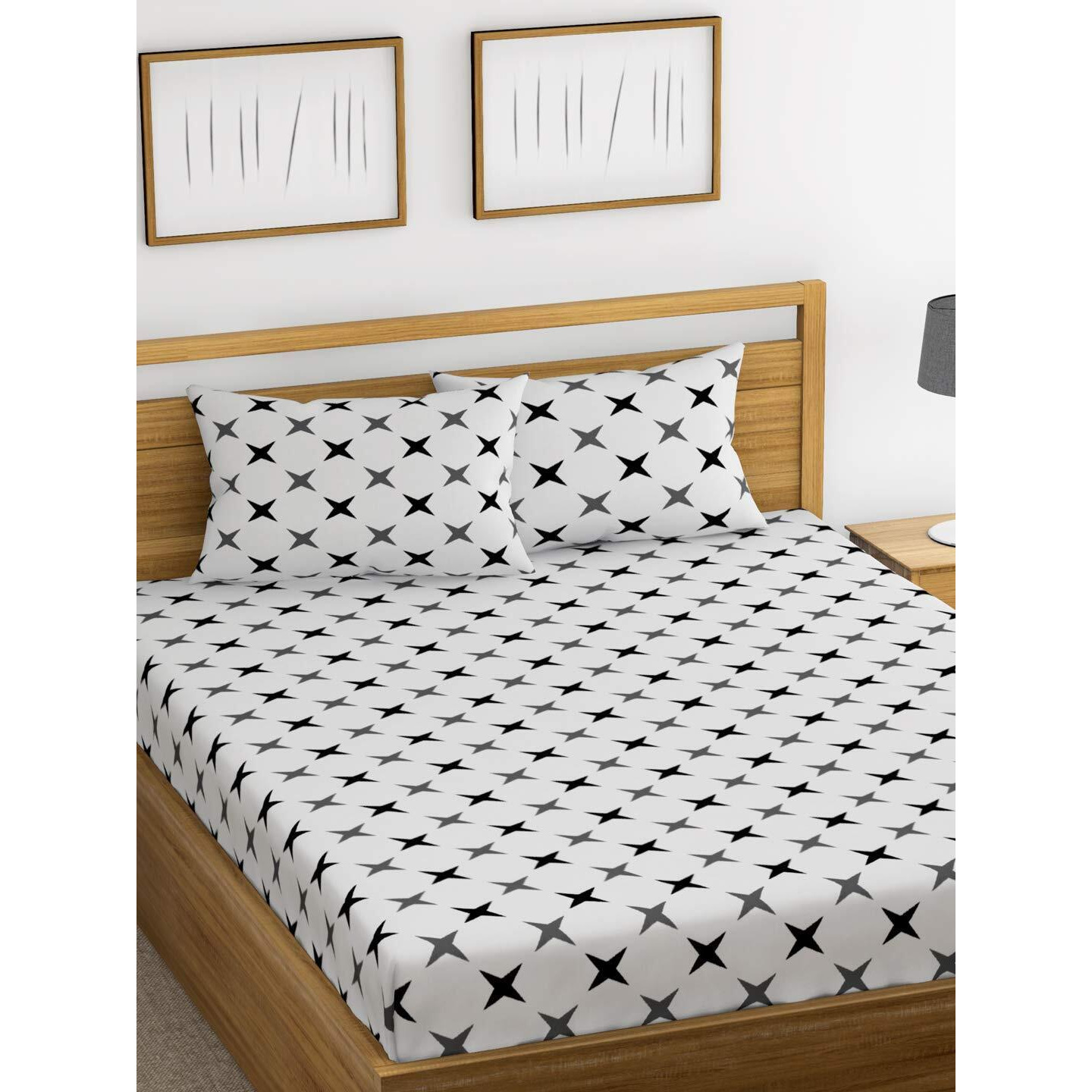 Huesland by Ahmedabad Cotton 144 TC Cotton Bedsheet for Double Bed with 2 Pillow Covers - White, Grey