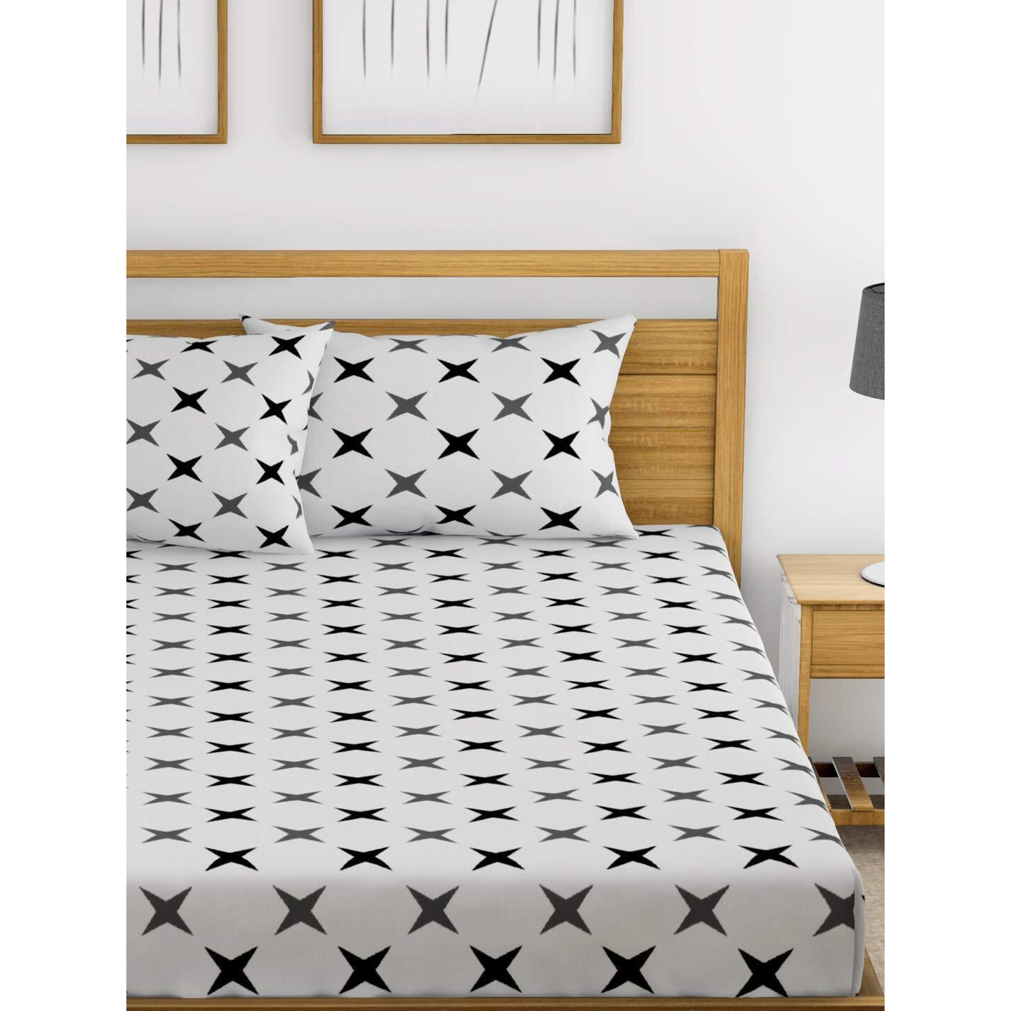 Huesland by Ahmedabad Cotton 144 TC Cotton Bedsheet for Double Bed with 2 Pillow Covers - White, Grey