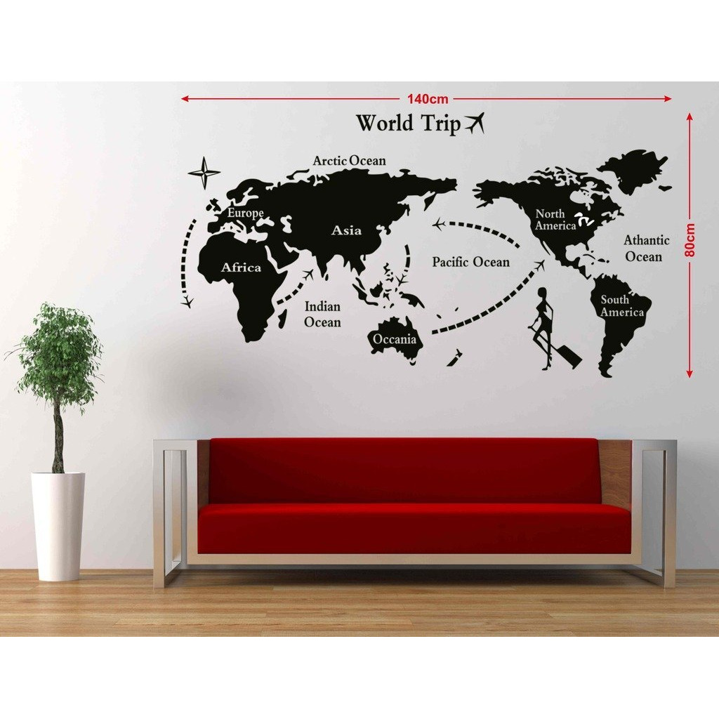 Decals Design  World Map  Wall Sticker (PVC Vinyl, 90 cm x 60 cm, Black)