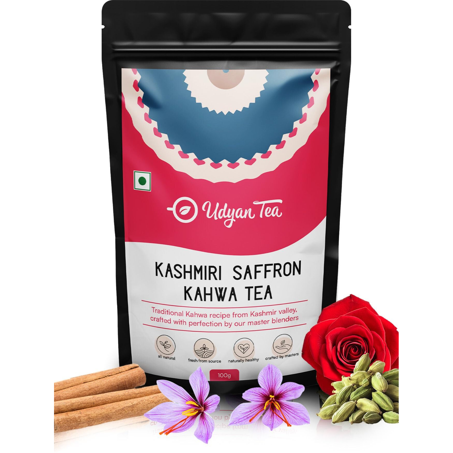 Udyan Tea Kashmiri Saffron Kahwa Green Tea - 100g (50 Cups) | Natural Ingredients Loose Leaf Tea | Antioxidant-Rich Blend Premium Tea for Better Digestion & Detox