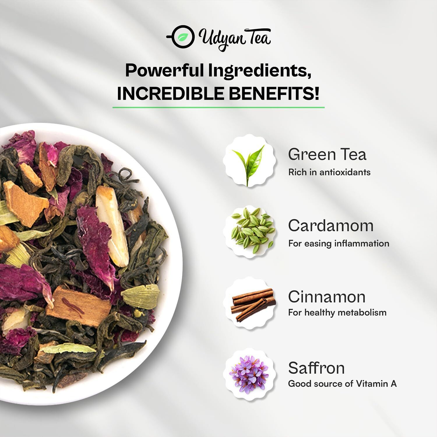 Udyan Tea Kashmiri Saffron Kahwa Green Tea - 100g (50 Cups) | Natural Ingredients Loose Leaf Tea | Antioxidant-Rich Blend Premium Tea for Better Digestion & Detox