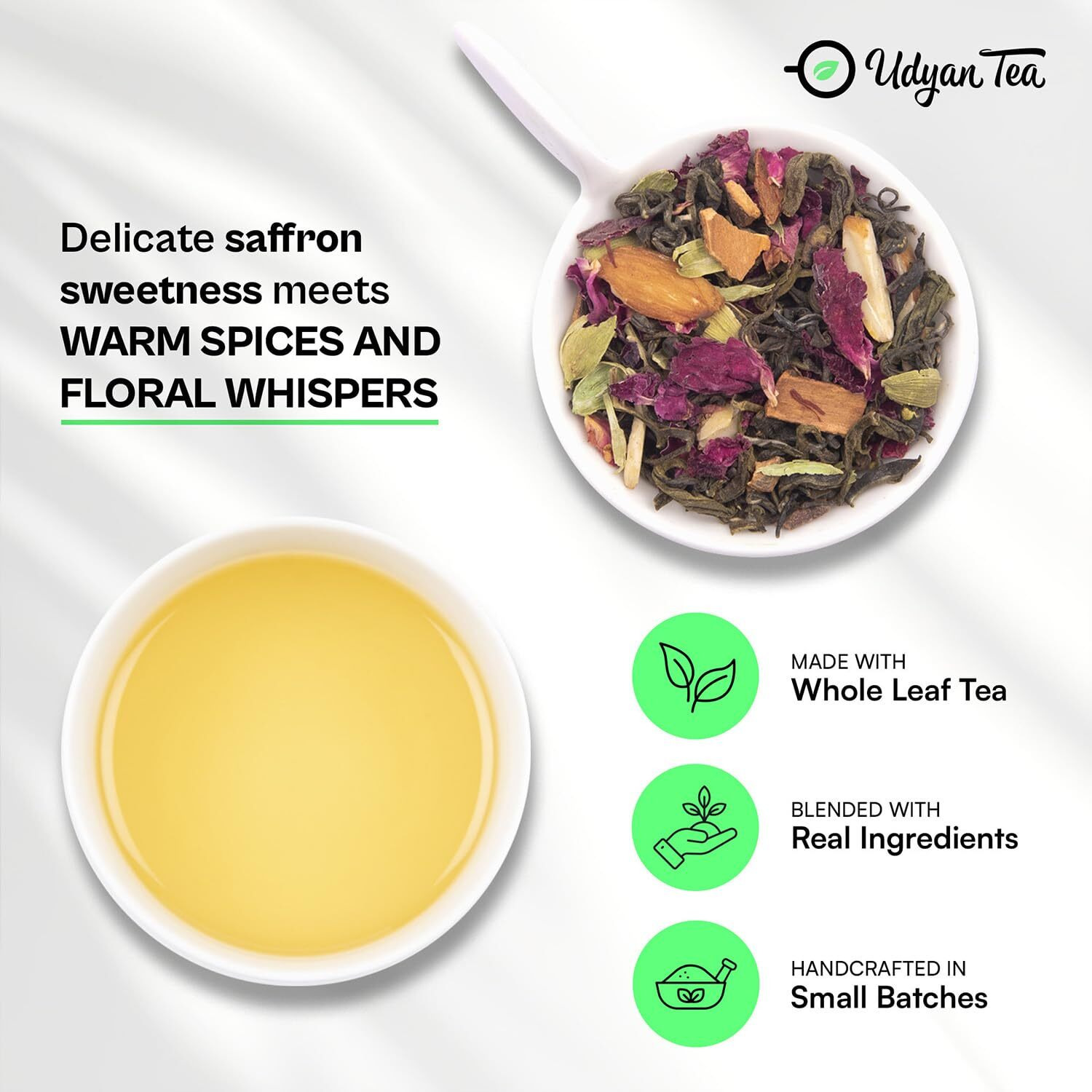 Udyan Tea Kashmiri Saffron Kahwa Green Tea - 100g (50 Cups) | Natural Ingredients Loose Leaf Tea | Antioxidant-Rich Blend Premium Tea for Better Digestion & Detox
